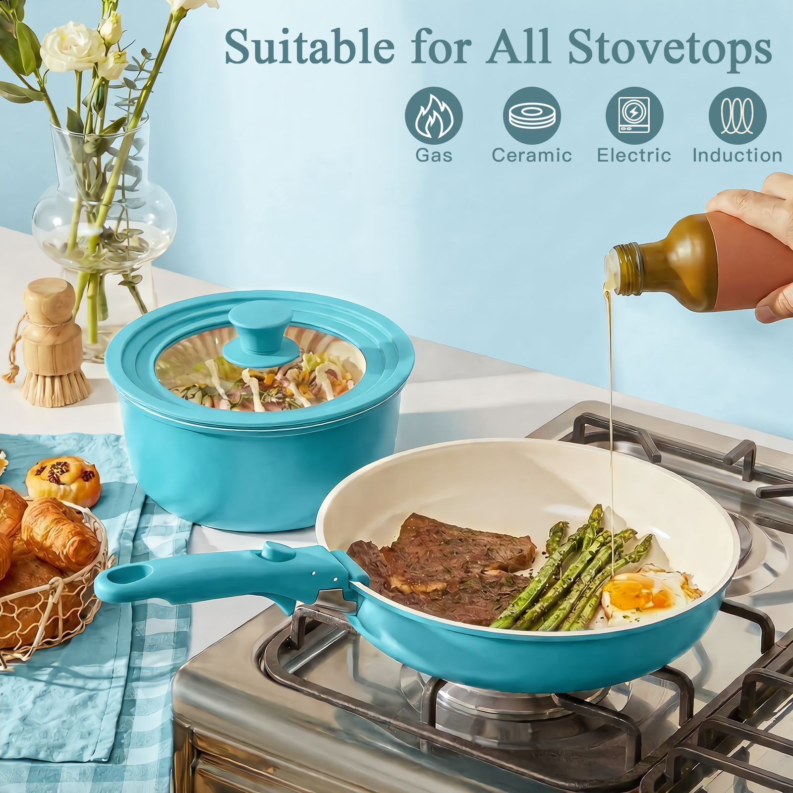 GIPP  21 Piece Pots and Pans Set Non Stick,with 12 inch Frying Pan,Cookware Set with Detachable Handles, Safe for Ovens and Dishwashers,Induction Cookware-GiPP