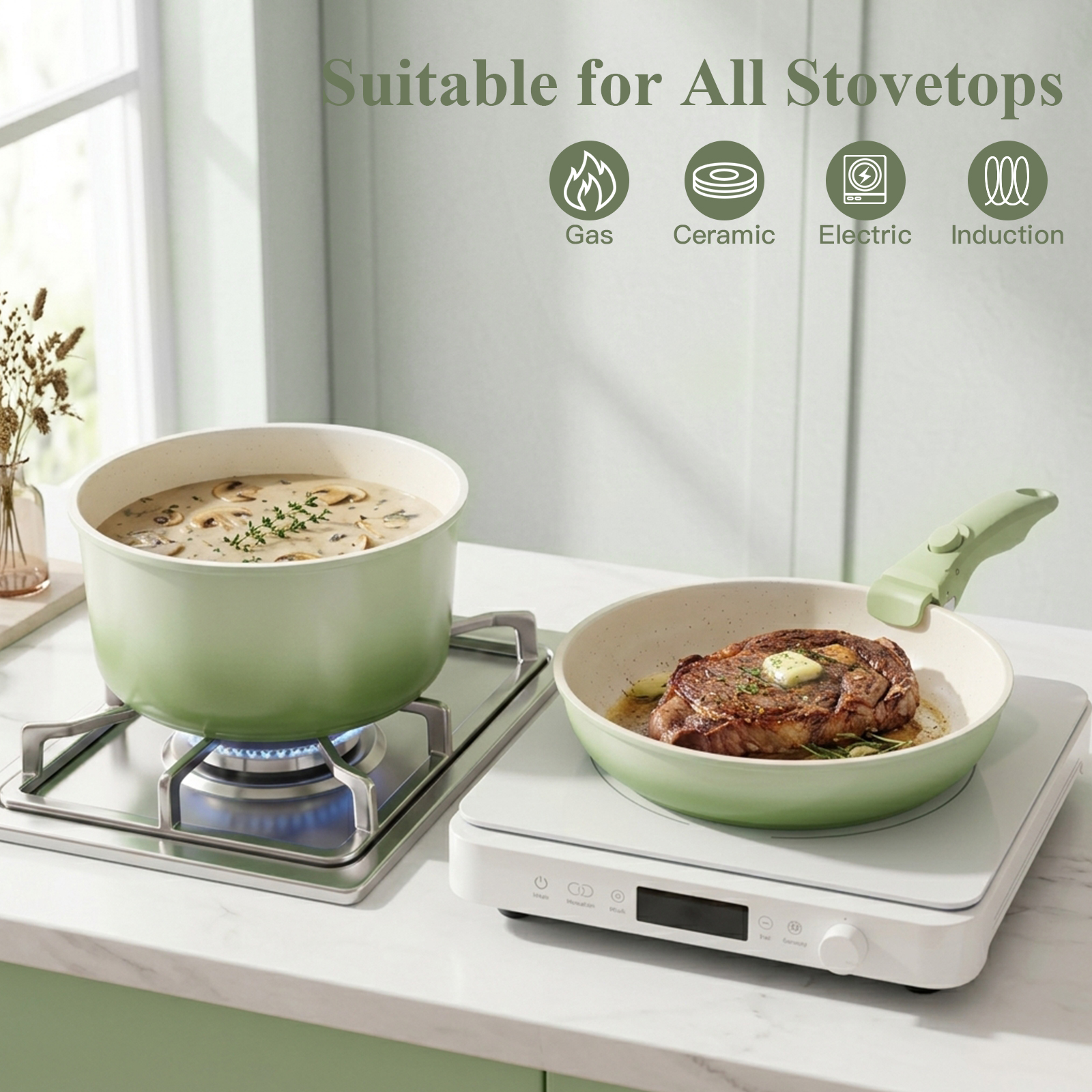 GIPP 11pcs Ceramic Cookware Sets, Pots and Pans Set Non Stick with Removable Handle, Oven & Dishwasher Safe,Induction Cookware, Kitchen Cooking Set for RV Trips and Camping