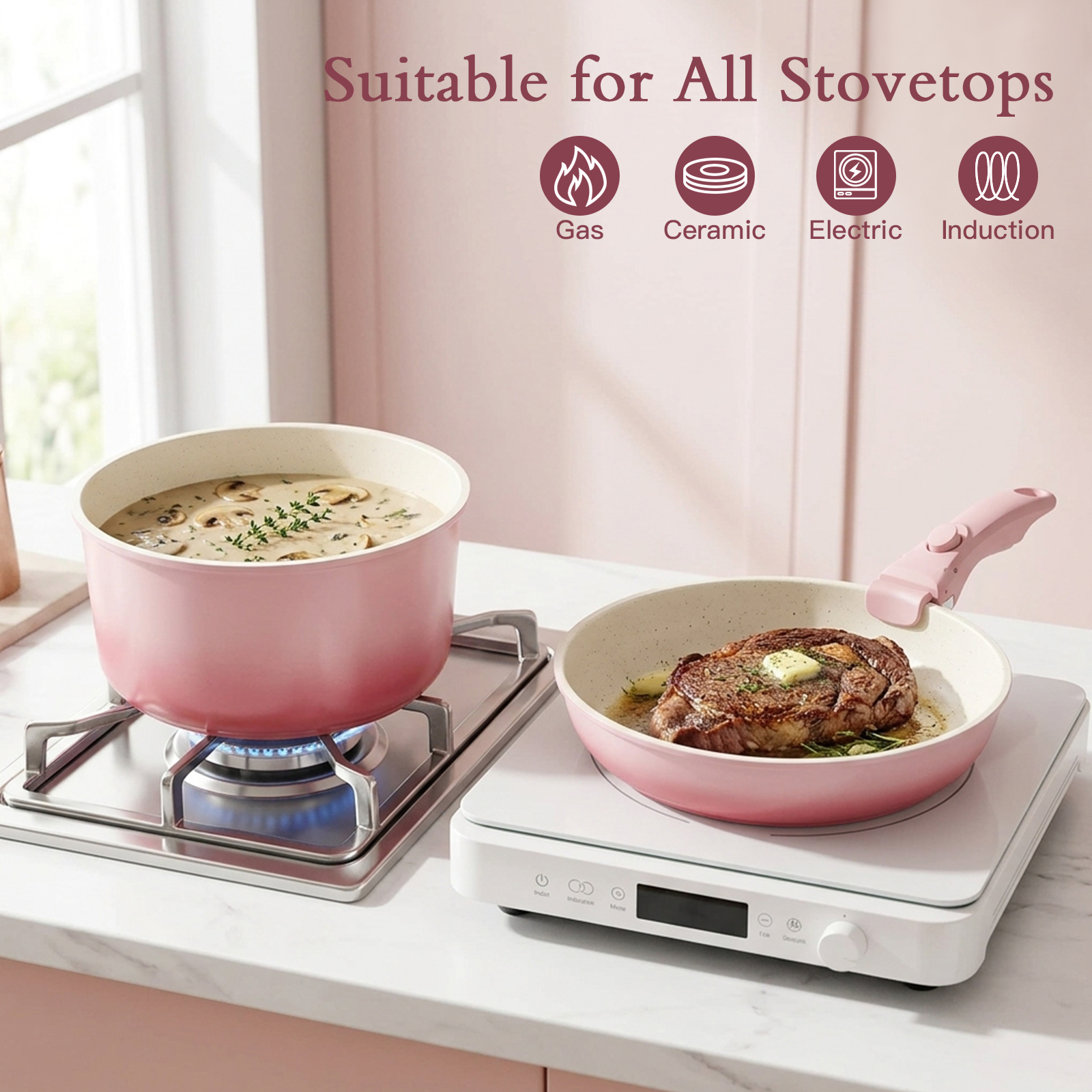 GIPP 11pcs Ceramic Cookware Sets, Pots and Pans Set Non Stick with Removable Handle, Oven & Dishwasher Safe,Induction Cookware, Kitchen Cooking Set for RV Trips and Camping
