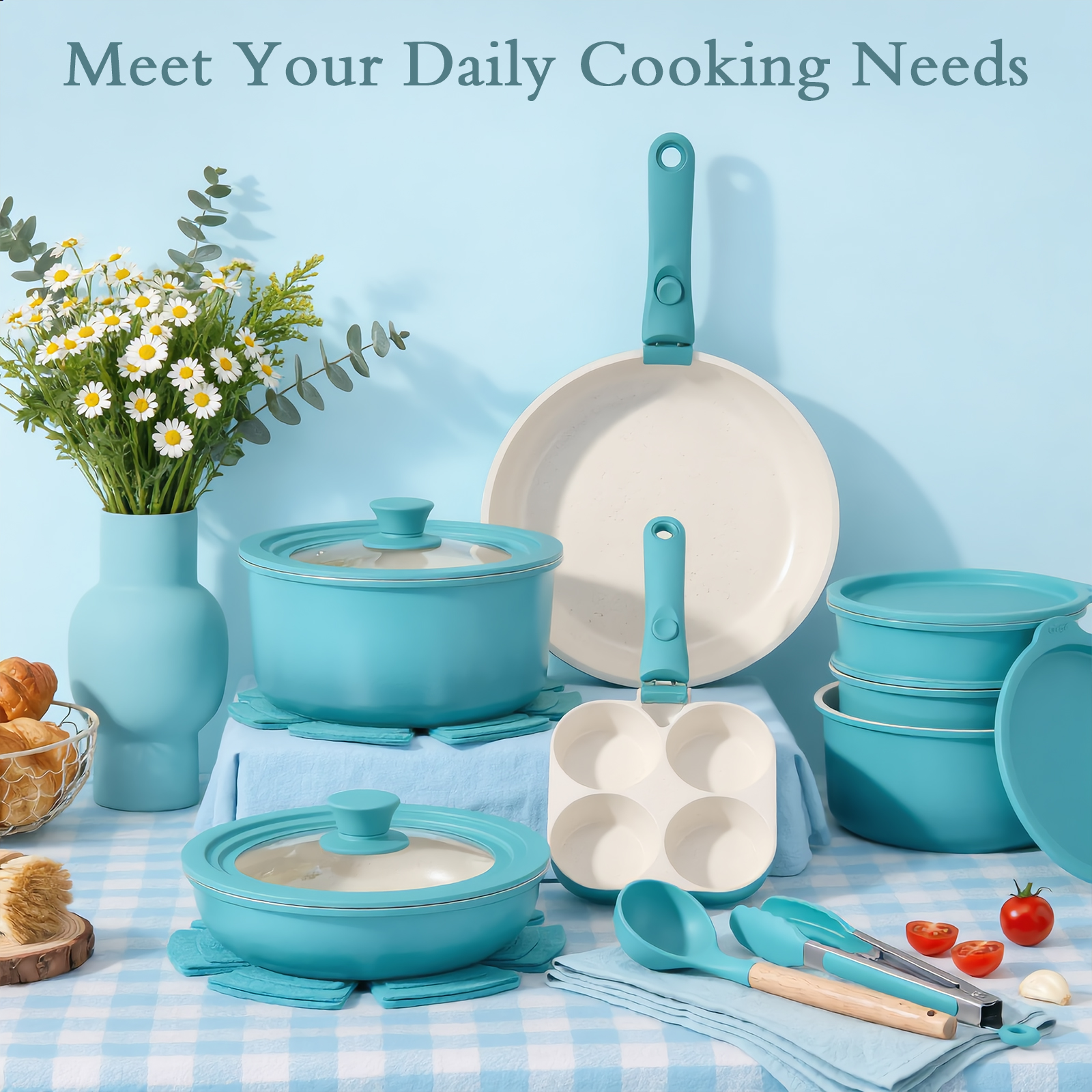 GIPP  21 Piece Pots and Pans Set Non Stick,with 12 inch Frying Pan,Cookware Set with Detachable Handles, Safe for Ovens and Dishwashers,Induction Cookware-GiPP