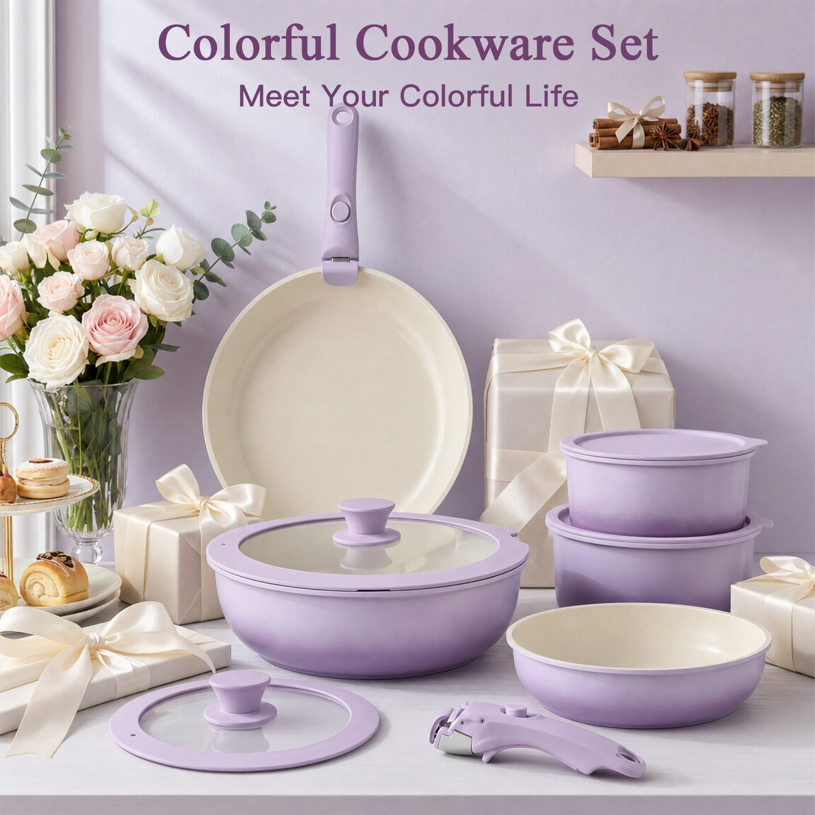 GIPP 11pcs Ceramic Cookware Sets, Pots and Pans Set Non Stick with Removable Handle, Oven & Dishwasher Safe,Induction Cookware, Kitchen Cooking Set for RV Trips and Camping