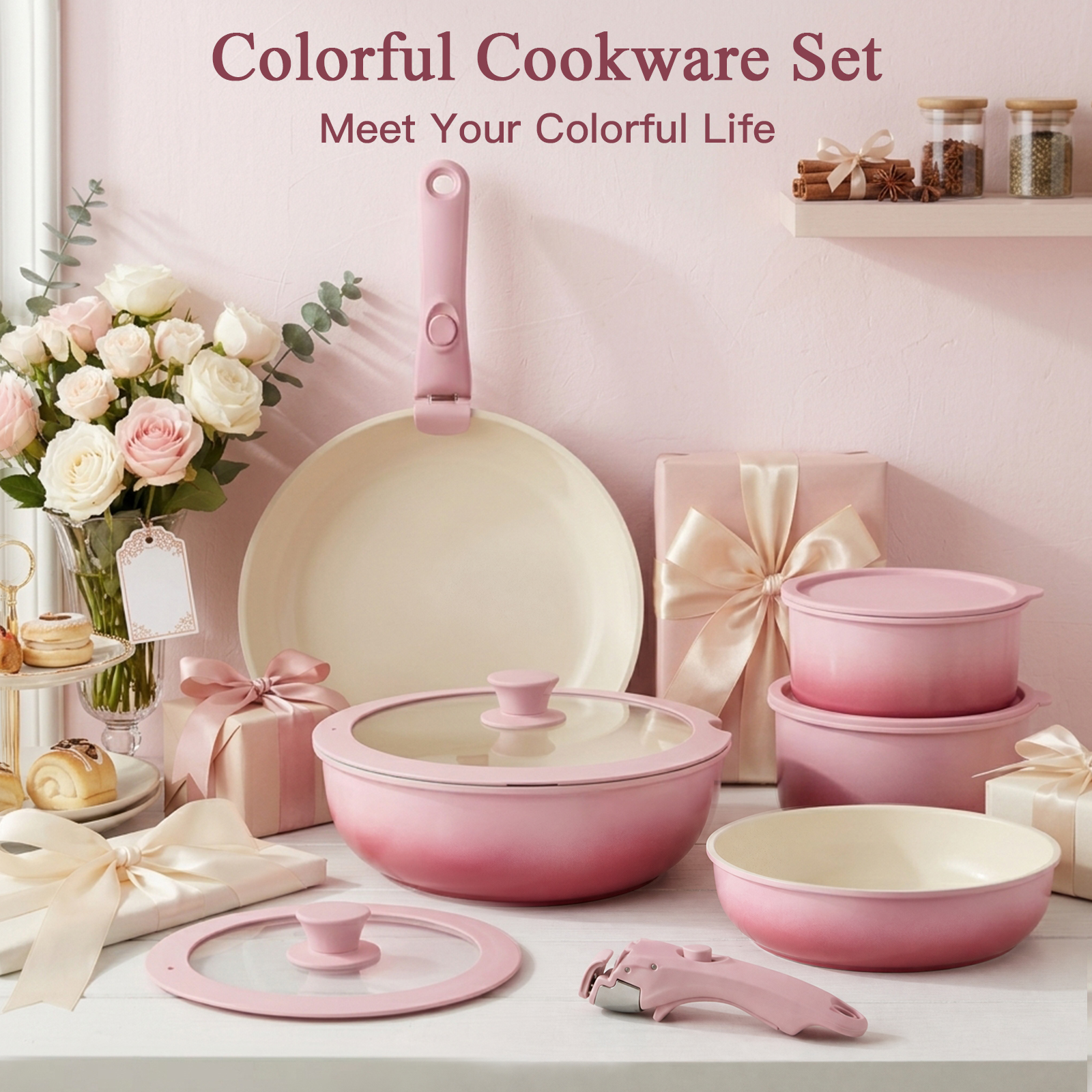 GIPP 11pcs Ceramic Cookware Sets, Pots and Pans Set Non Stick with Removable Handle, Oven & Dishwasher Safe,Induction Cookware, Kitchen Cooking Set for RV Trips and Camping
