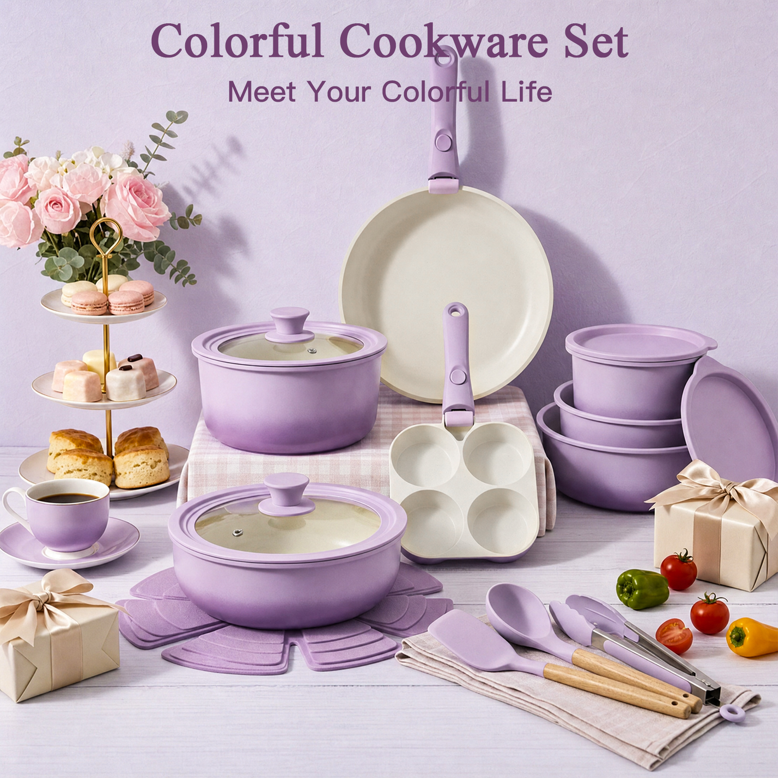 GIPP 21 Piece Pots and Pans Set Non Stick,with 12 inch Frying Pan,Cookware Set with Detachable Handles, Safe for Ovens and Dishwashers,Induction Cookware