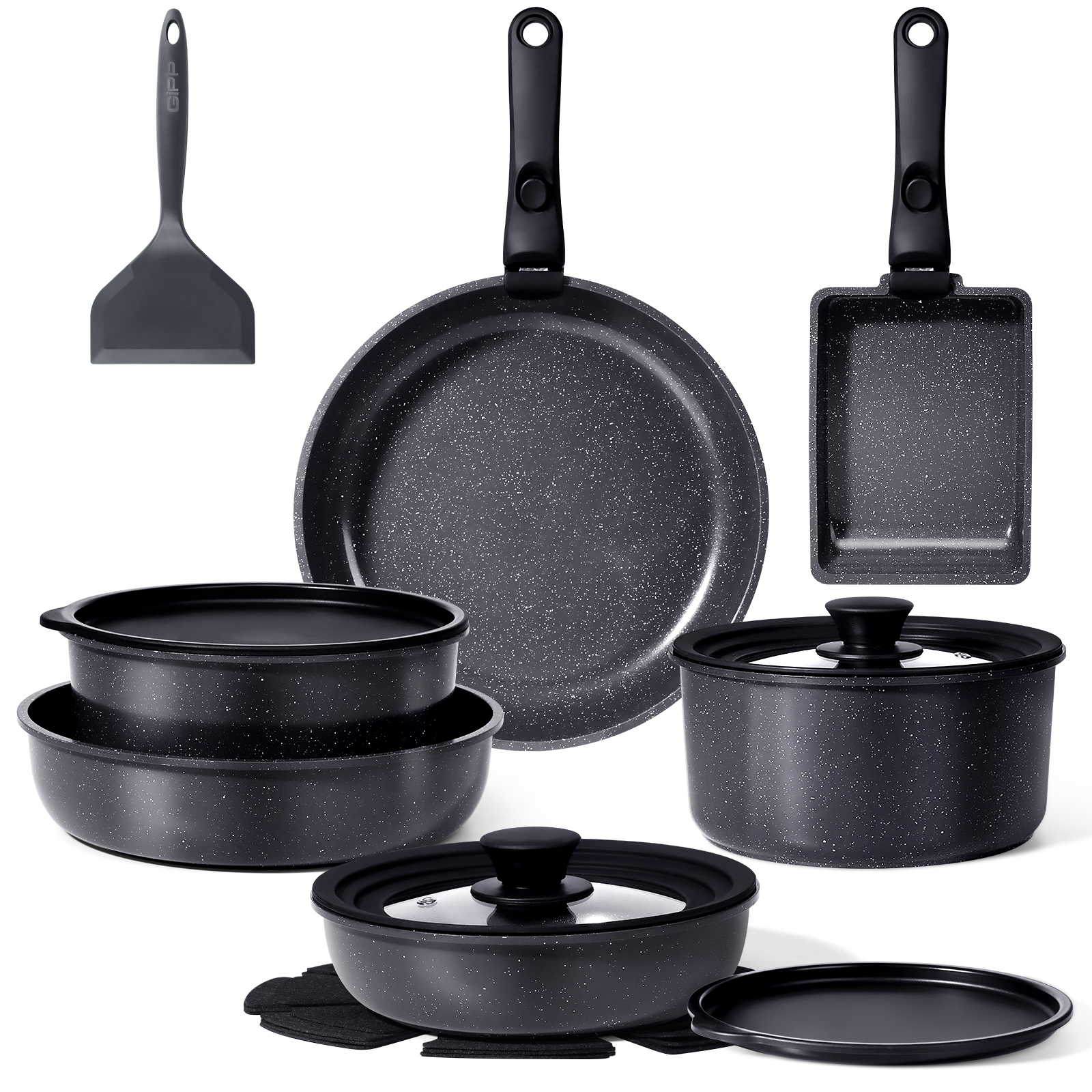 GIPP 17 Piece Large Size 11inch Ceramic Nonstick Pots and Pans Set,Cookware Set with Detachable Handles, Oven Dishwashers Safe,Induction Compatible,RV Kitchen Cooking Set
