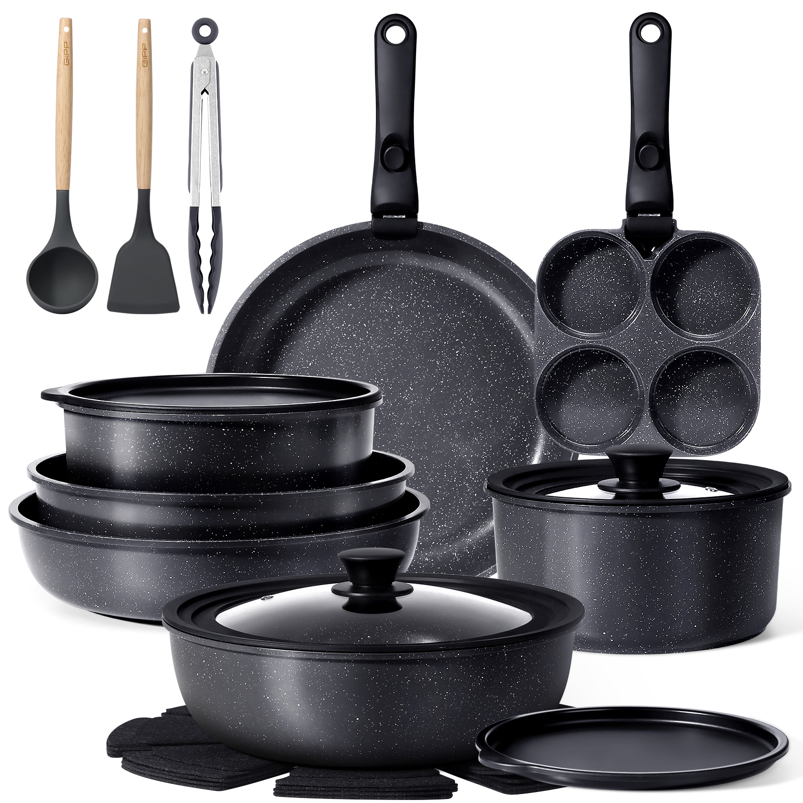GIPP 21 Piece Pots and Pans Set Non Stick,with 12 inch Frying Pan,Cookware Set with Detachable Handles, Safe for Ovens and Dishwashers,Induction Cookware-GiPP