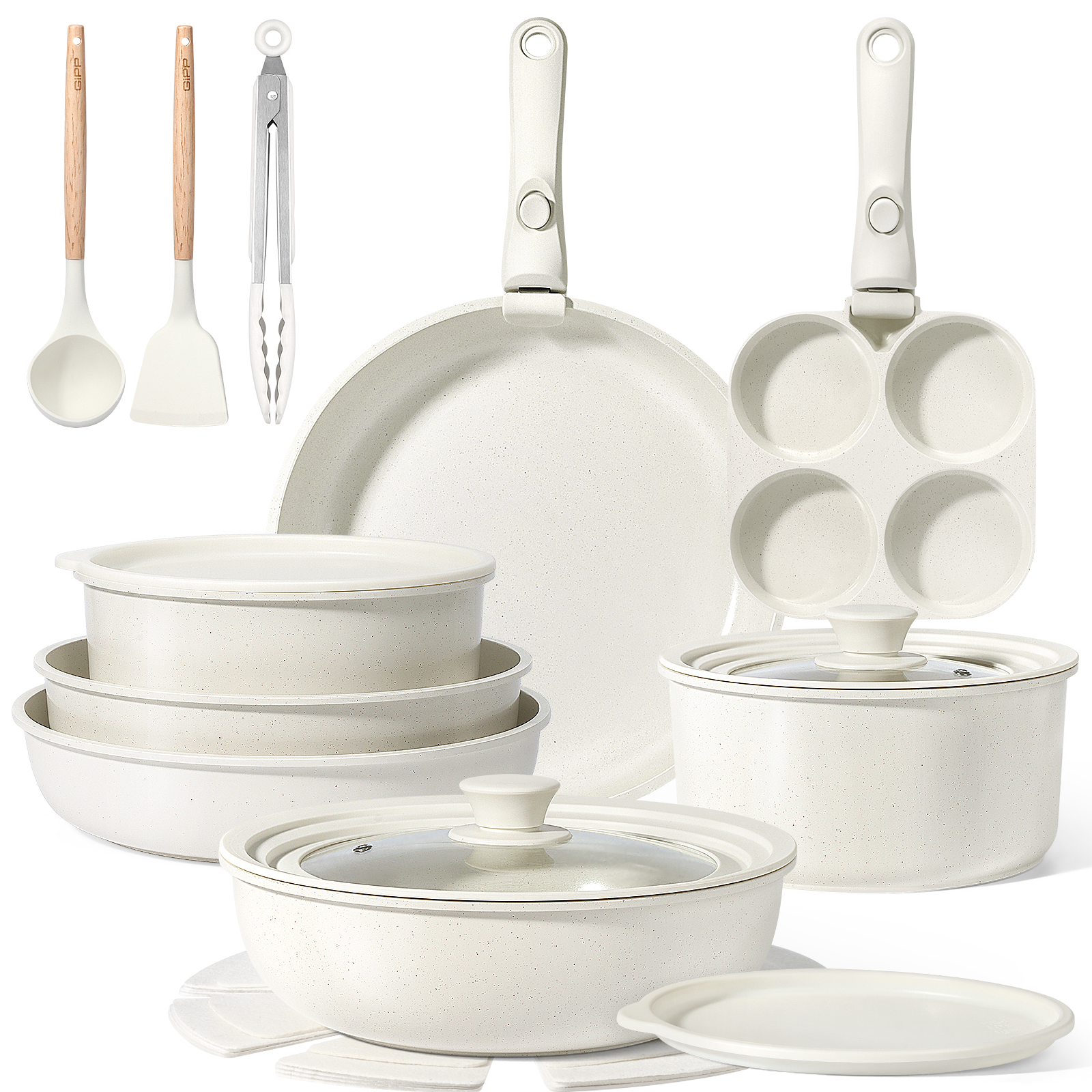 GIPP 21 Piece Pots and Pans Set Non Stick,with 12 inch Frying Pan,Cookware Set with Detachable Handles, Safe for Ovens and Dishwashers,Induction Cookware-GiPP
