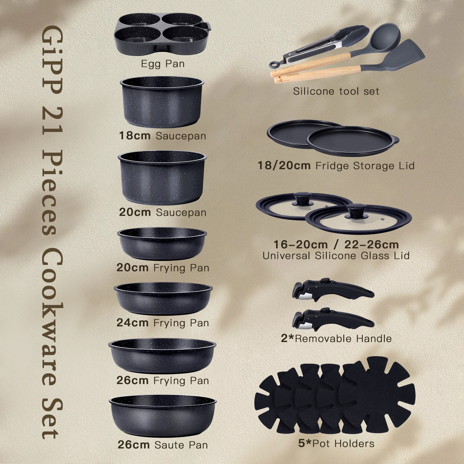 GIPP 21 Piece Pots and Pans Set Non Stick,with 12 inch Frying Pan,Cookware Set with Detachable Handles, Safe for Ovens and Dishwashers,Induction Cookware-GiPP
