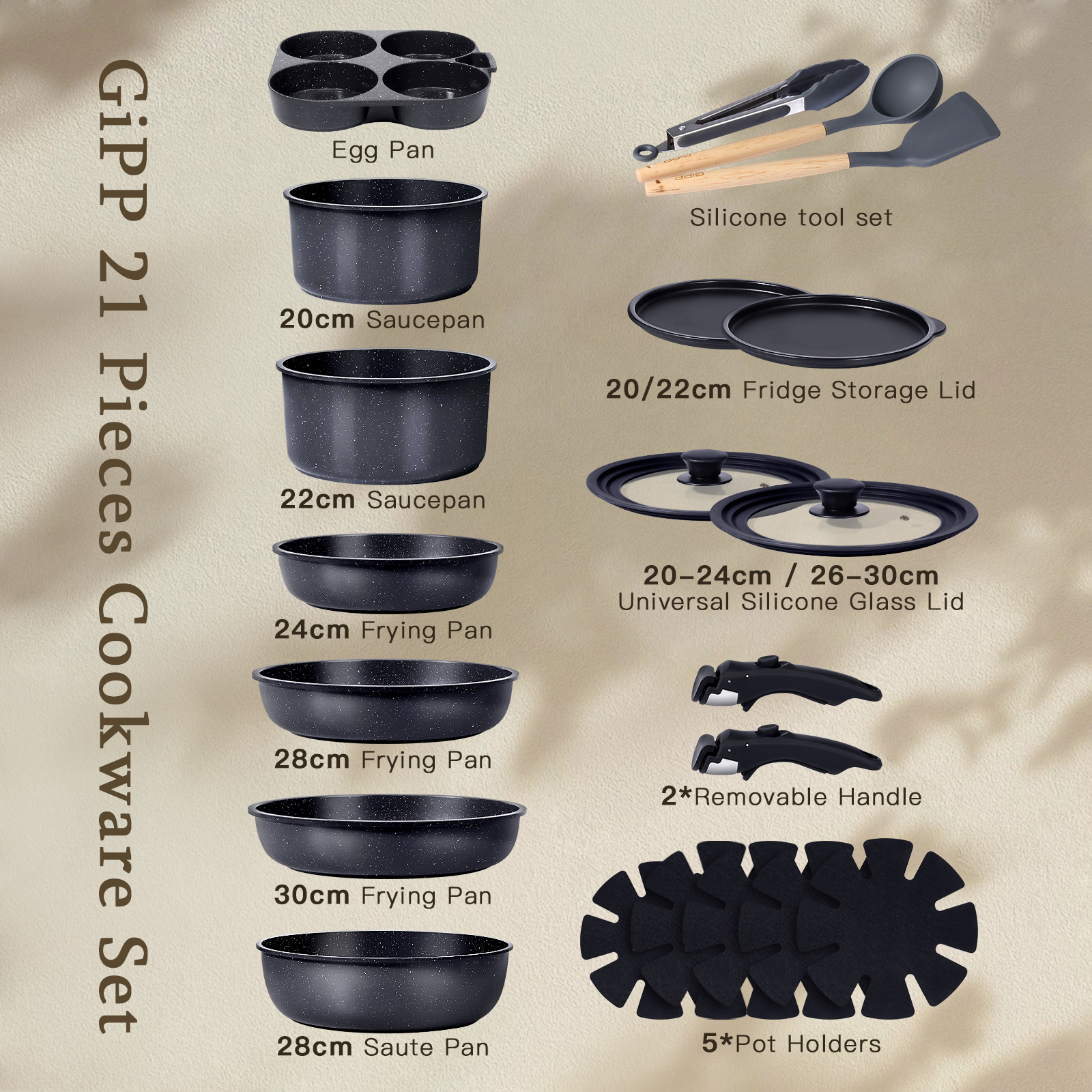 GIPP 21 Piece Pots and Pans Set Non Stick,with 12 inch Frying Pan,Cookware Set with Detachable Handles, Safe for Ovens and Dishwashers,Induction Cookware-GiPP