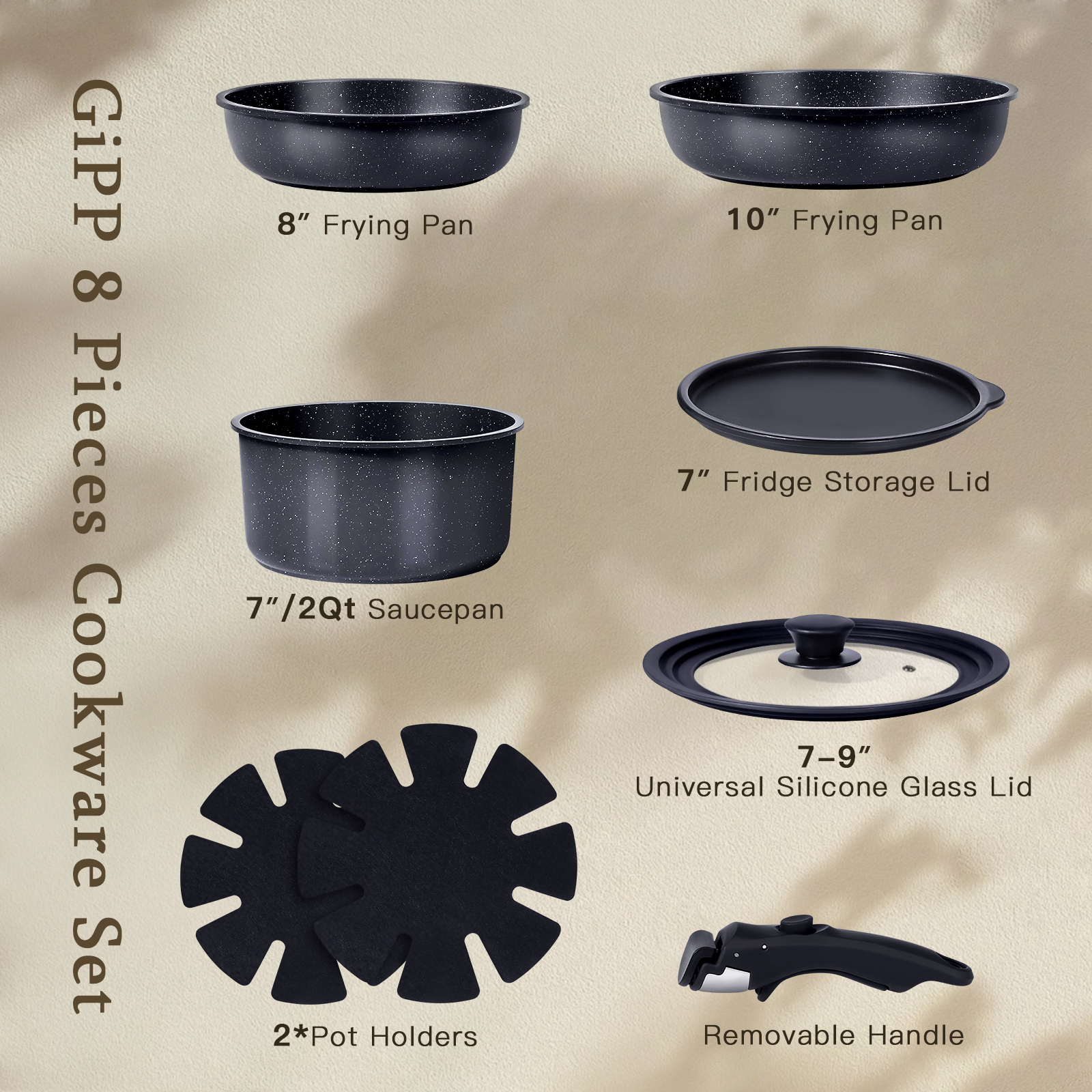 Gipp 11 Pcs Ceramic Nonstick Cookware Sets,Pots and Pans Set Non Stick with Removable Handle, Oven Safe to 500°F, Induction Cookware, Stackable RV Kitchen Cooking Set