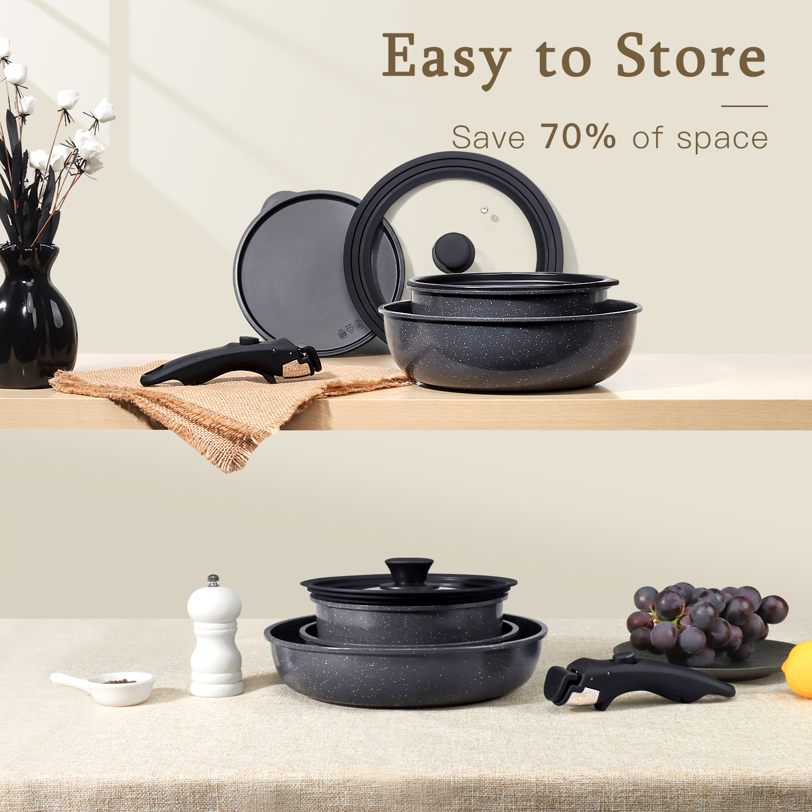 GIPP 21 Piece Pots and Pans Set Non Stick,with 12 inch Frying Pan,Cookware Set with Detachable Handles, Safe for Ovens and Dishwashers,Induction Cookware-GiPP