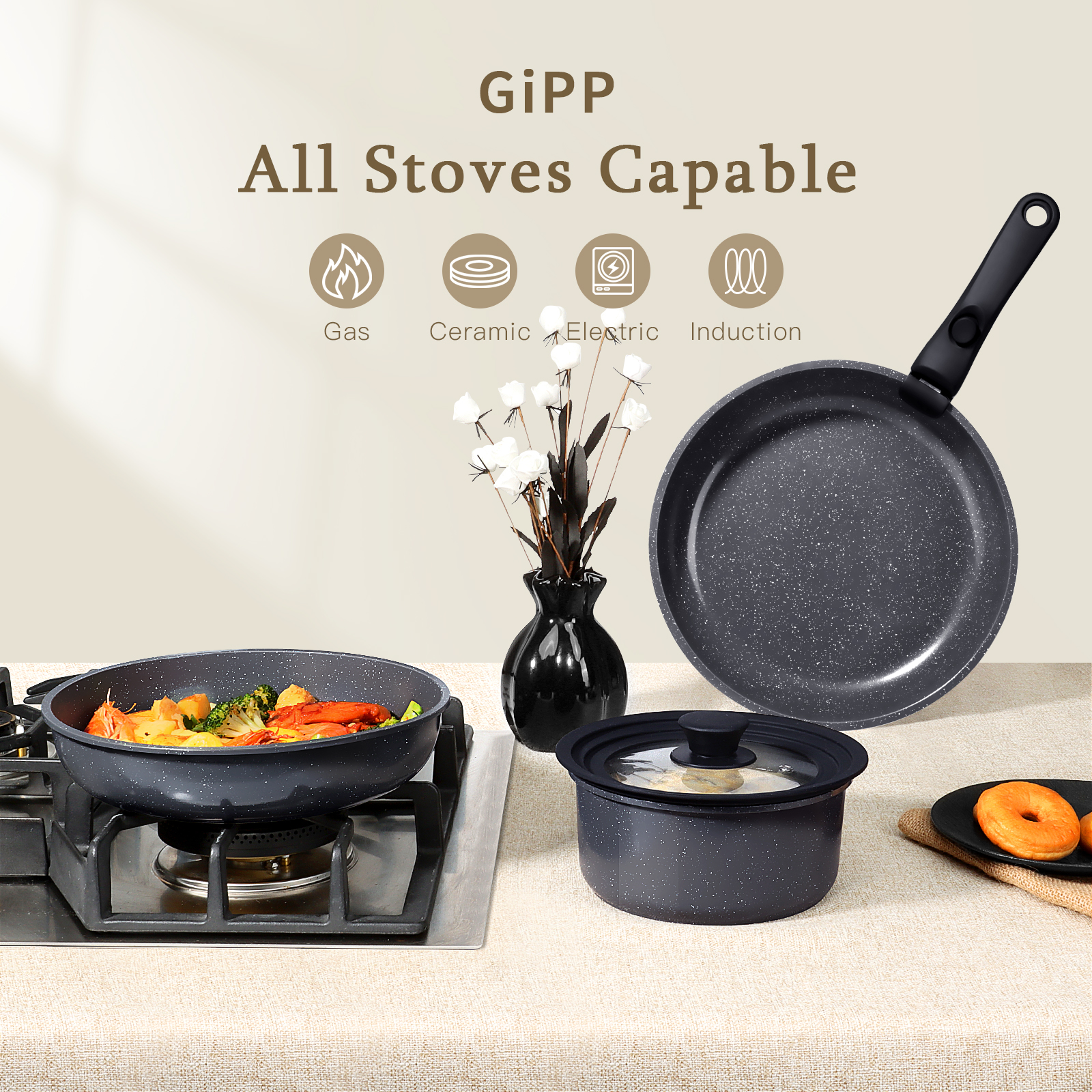 GIPP 21 Piece Pots and Pans Set Non Stick,with 12 inch Frying Pan,Cookware Set with Detachable Handles, Safe for Ovens and Dishwashers,Induction Cookware-GiPP