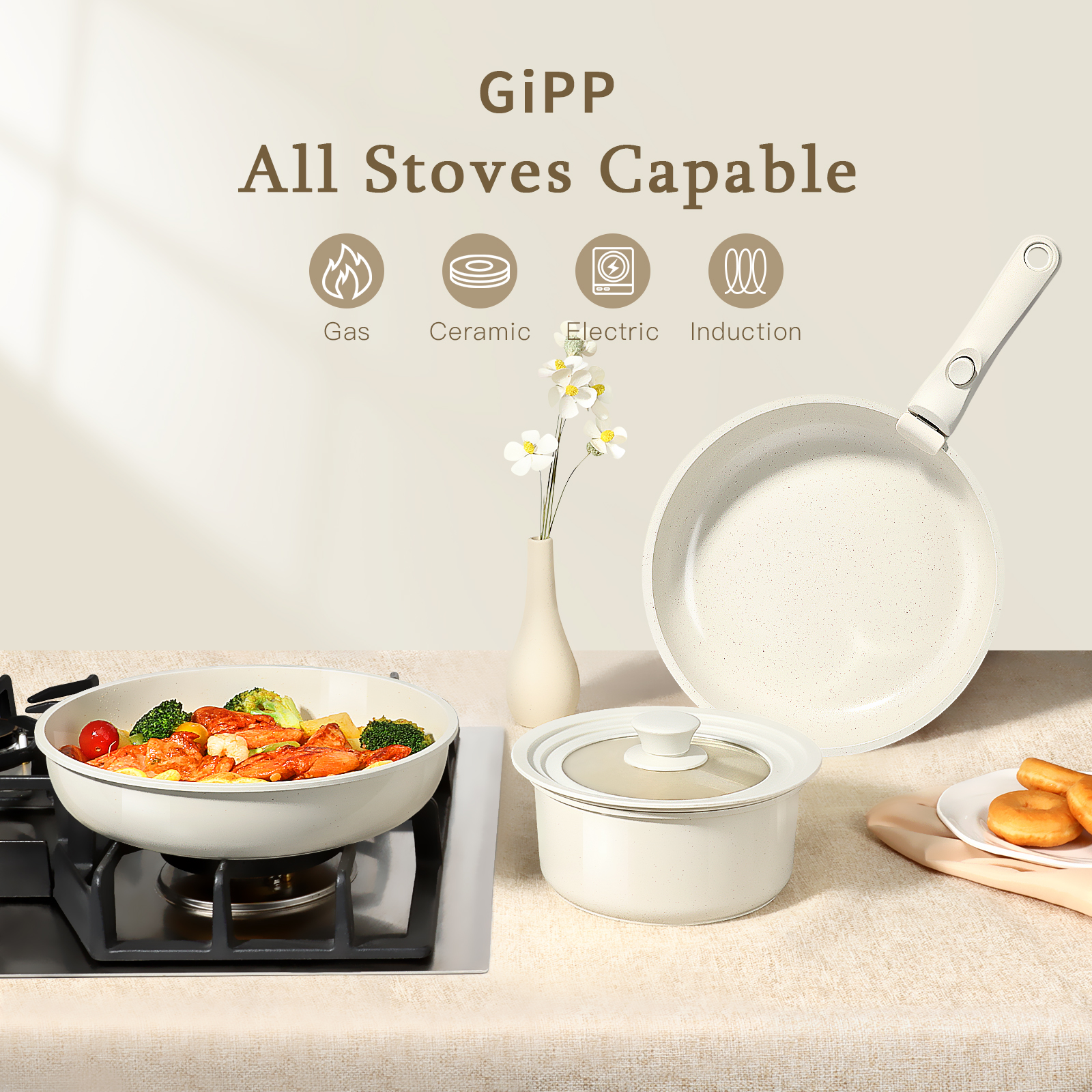 GIPP 21 Piece Pots and Pans Set Non Stick,with 12 inch Frying Pan,Cookware Set with Detachable Handles, Safe for Ovens and Dishwashers,Induction Cookware-GiPP