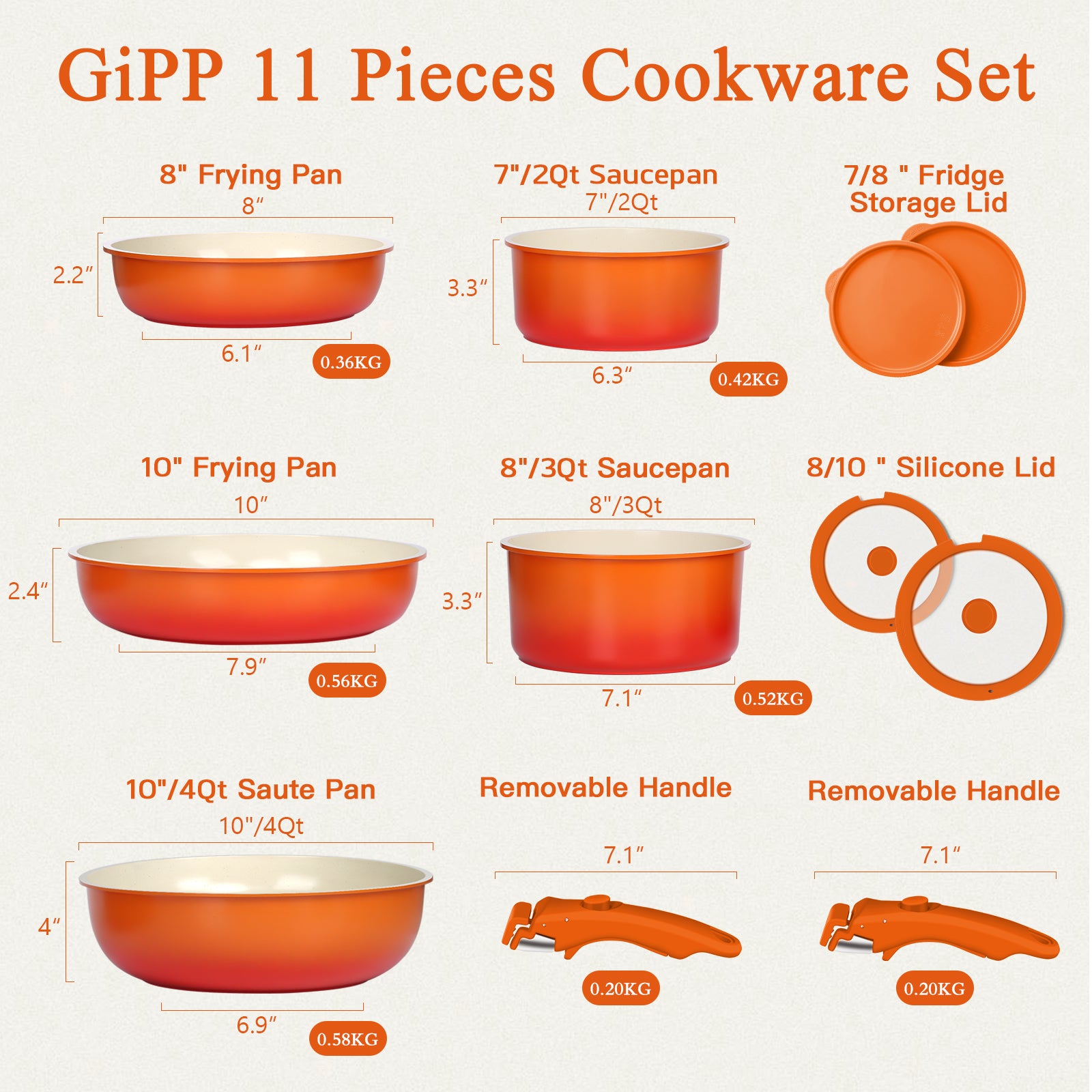 GIPP 11pcs Ceramic Cookware Sets, Pots and Pans Set Non Stick with Removable Handle, Oven & Dishwasher Safe,Induction Cookware, Kitchen Cooking Set for RV Trips and Camping-GiPP