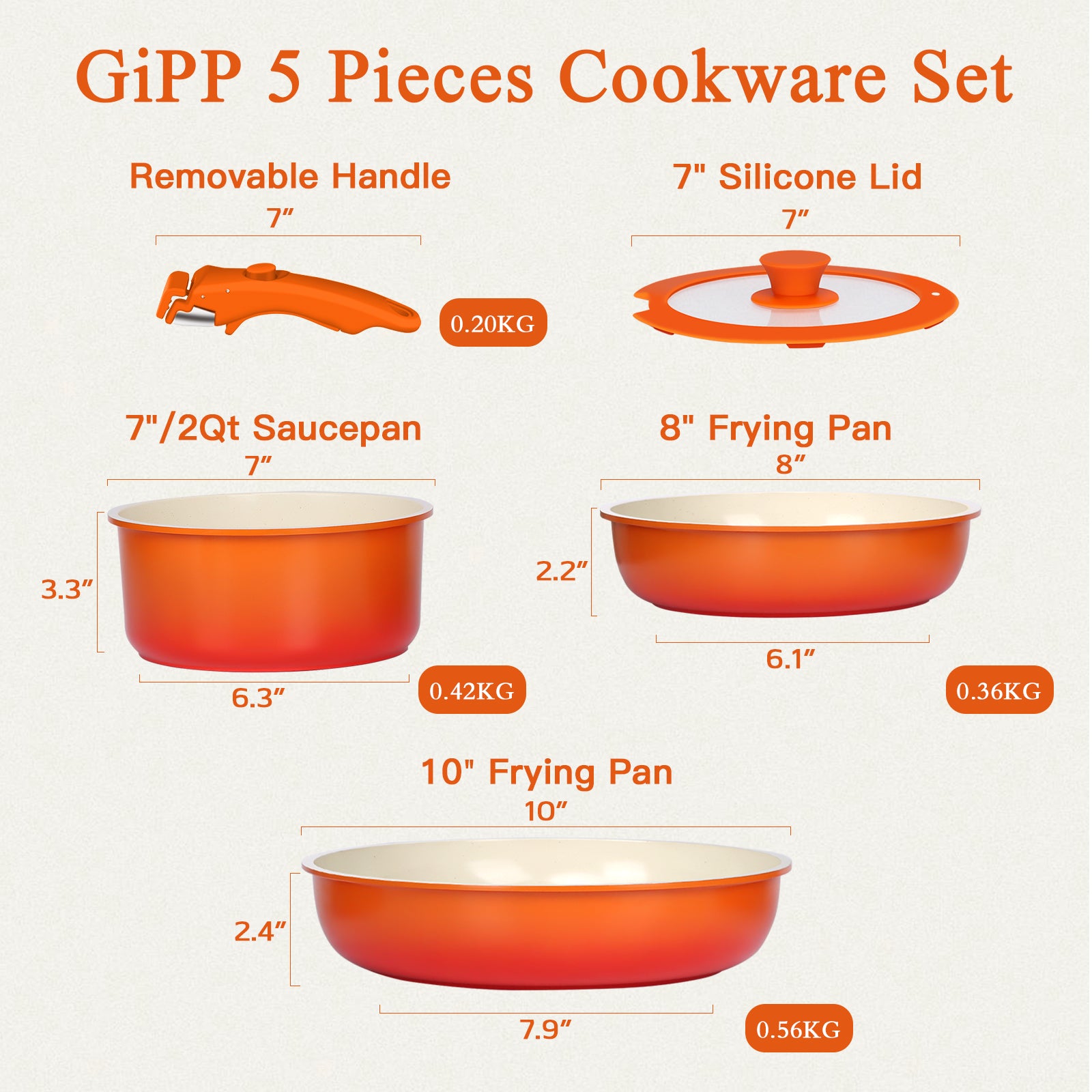GIPP 5pcs Ceramic Pots and Pans Set Non Stick,Cookware Sets with Removable Handle, Oven & Dishwasher Safe,Induction Cookware,Kitchen Cooking set-GiPP