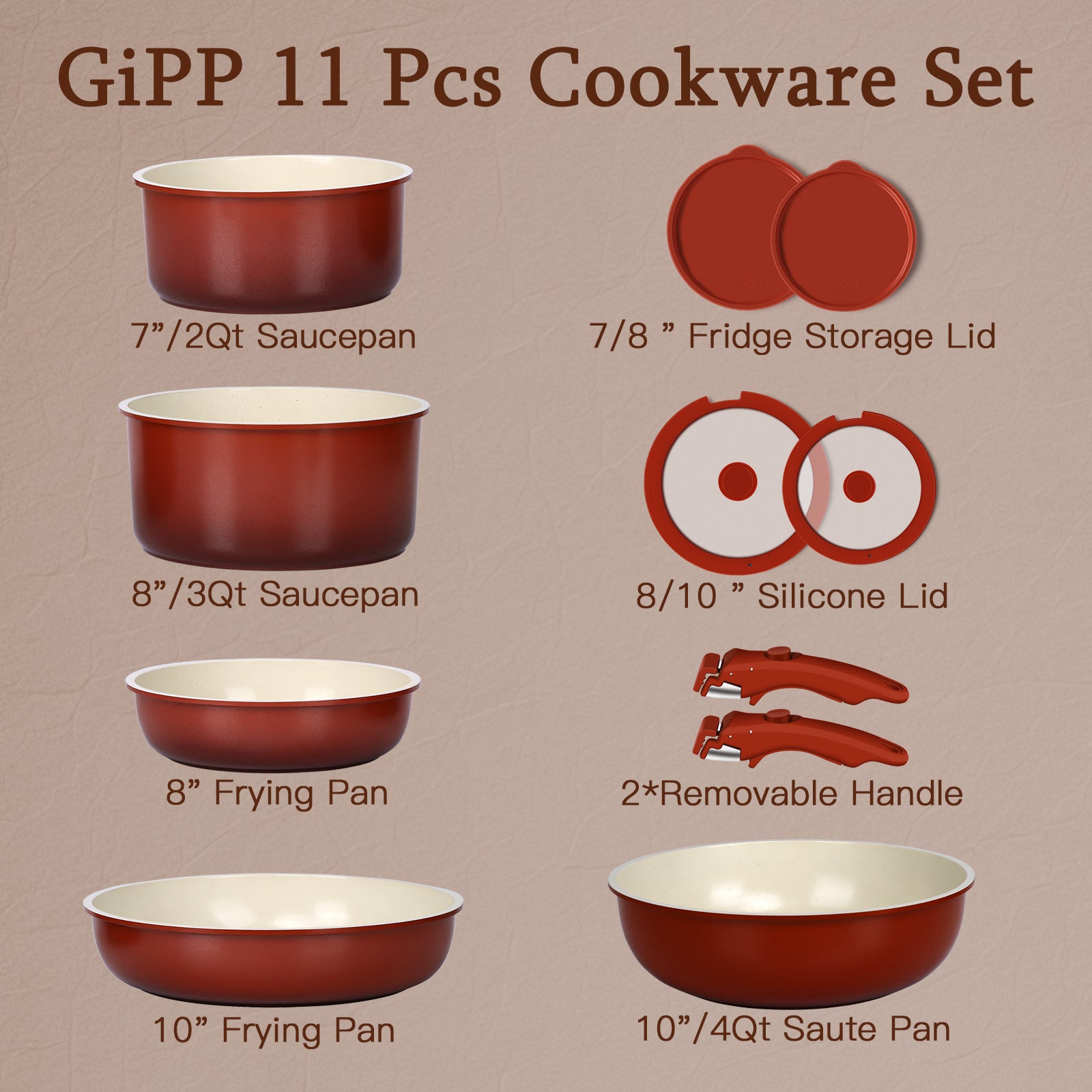 GIPP 11pcs Ceramic Cookware Sets, Pots and Pans Set Non Stick with Removable Handle, Oven & Dishwasher Safe,Induction Cookware, Kitchen Cooking Set for RV Trips and Camping-GiPP