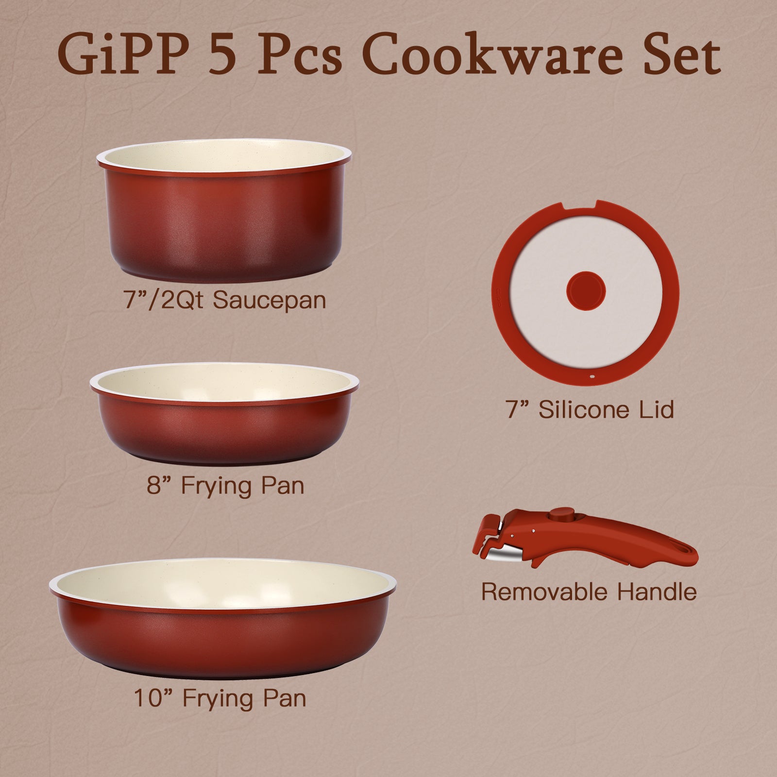 GIPP 5pcs Ceramic Pots and Pans Set Non Stick,Cookware Sets with Removable Handle, Oven & Dishwasher Safe,Induction Cookware,Kitchen Cooking set-GiPP
