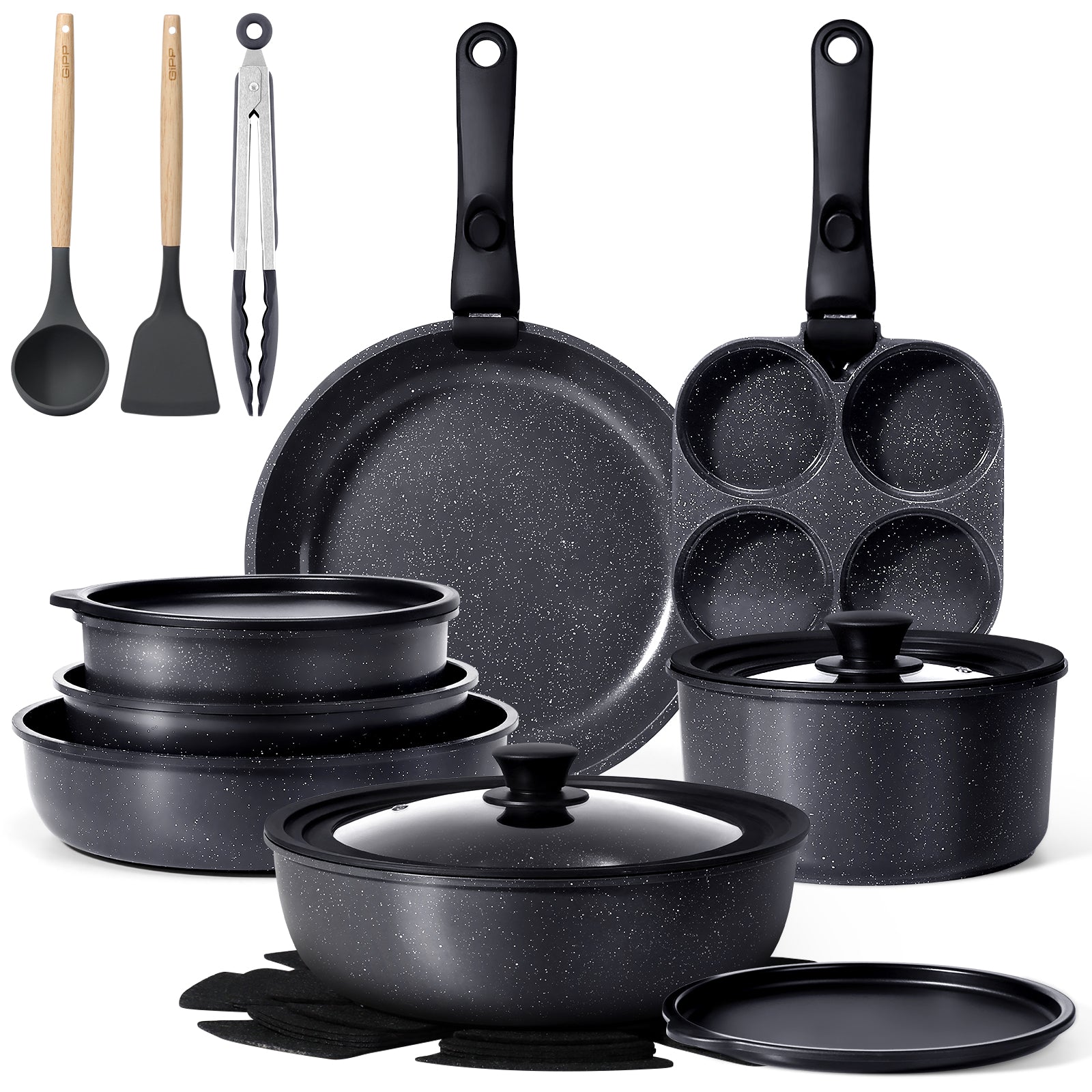 GIPP 21 Piece Ceramic Pots and Pans Set Non Stick, Cookware Set with Detachable Handles, Safe for Ovens and Dishwashers,Induction Cookers RV Kitchen-GiPP