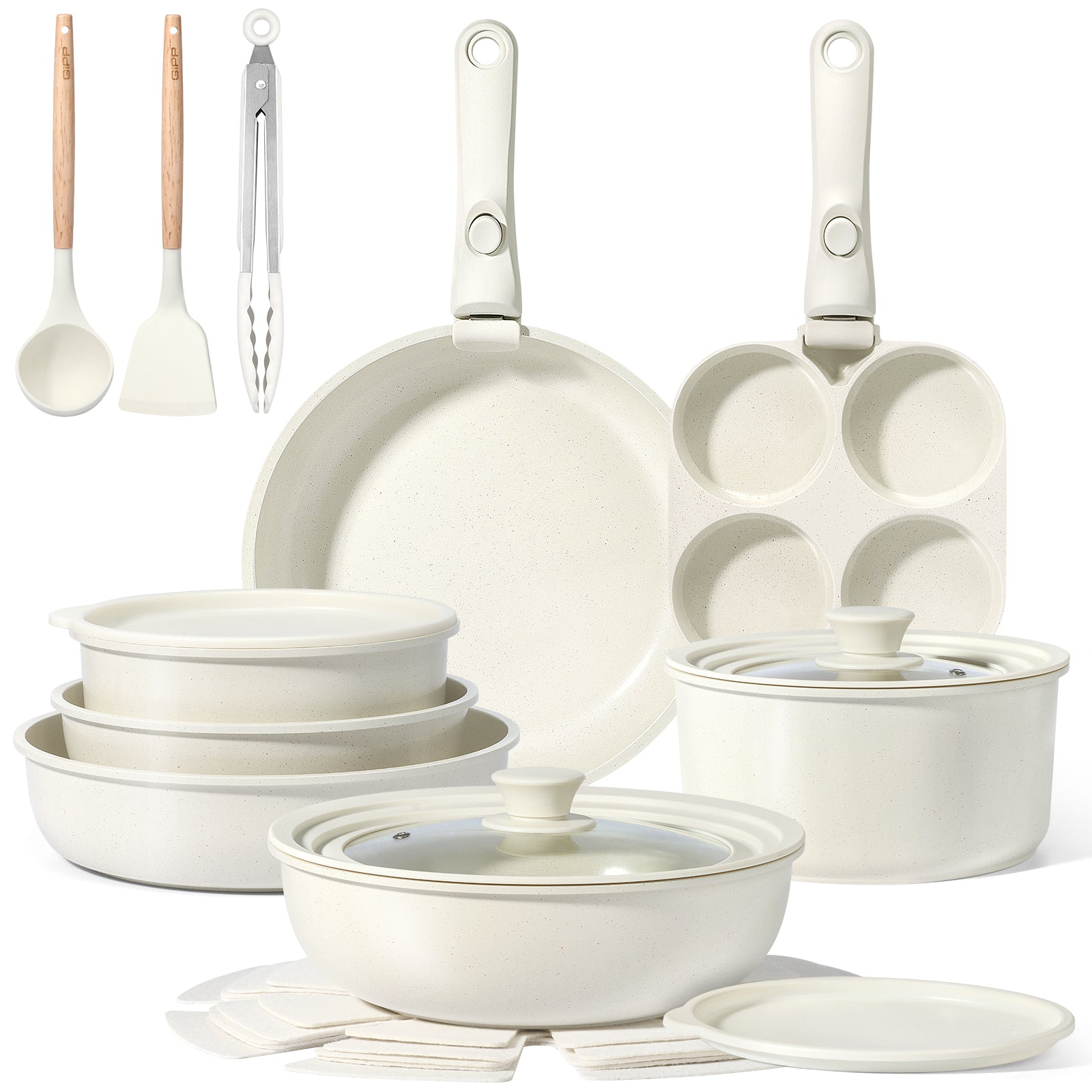 GIPP 21 Piece Ceramic Pots and Pans Set Non Stick, Cookware Set with Detachable Handles, Safe for Ovens and Dishwashers,Induction Cookers RV Kitchen-GiPP