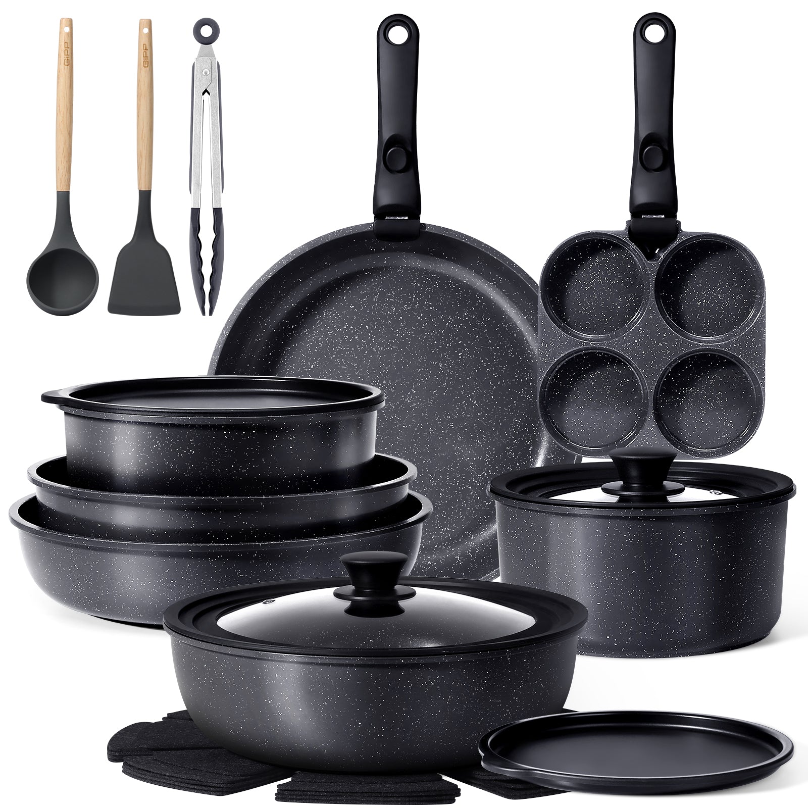 GIPP Large Size 21 Piece Pots and Pans Set Non Stick,with 12 inch Frying Pan,Cookware Set with Detachable Handles, Safe for Ovens and Dishwashers,Induction Cookers RV Kitchen-GiPP