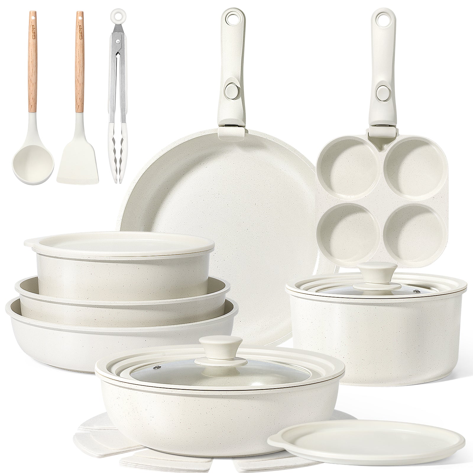 GIPP Large Size 21 Piece Pots and Pans Set Non Stick,with 12 inch Frying Pan,Cookware Set with Detachable Handles, Safe for Ovens and Dishwashers,Induction Cookers RV Kitchen-GiPP