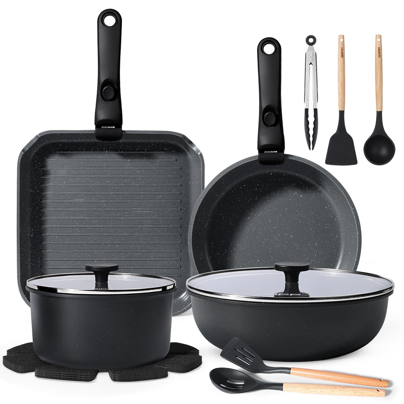 Gipp 18pcs kitchen cookware sets, Non Stick Pots and Pans Set with Removable Handle, Oven & Dishwasher Safe,Induction Cookware