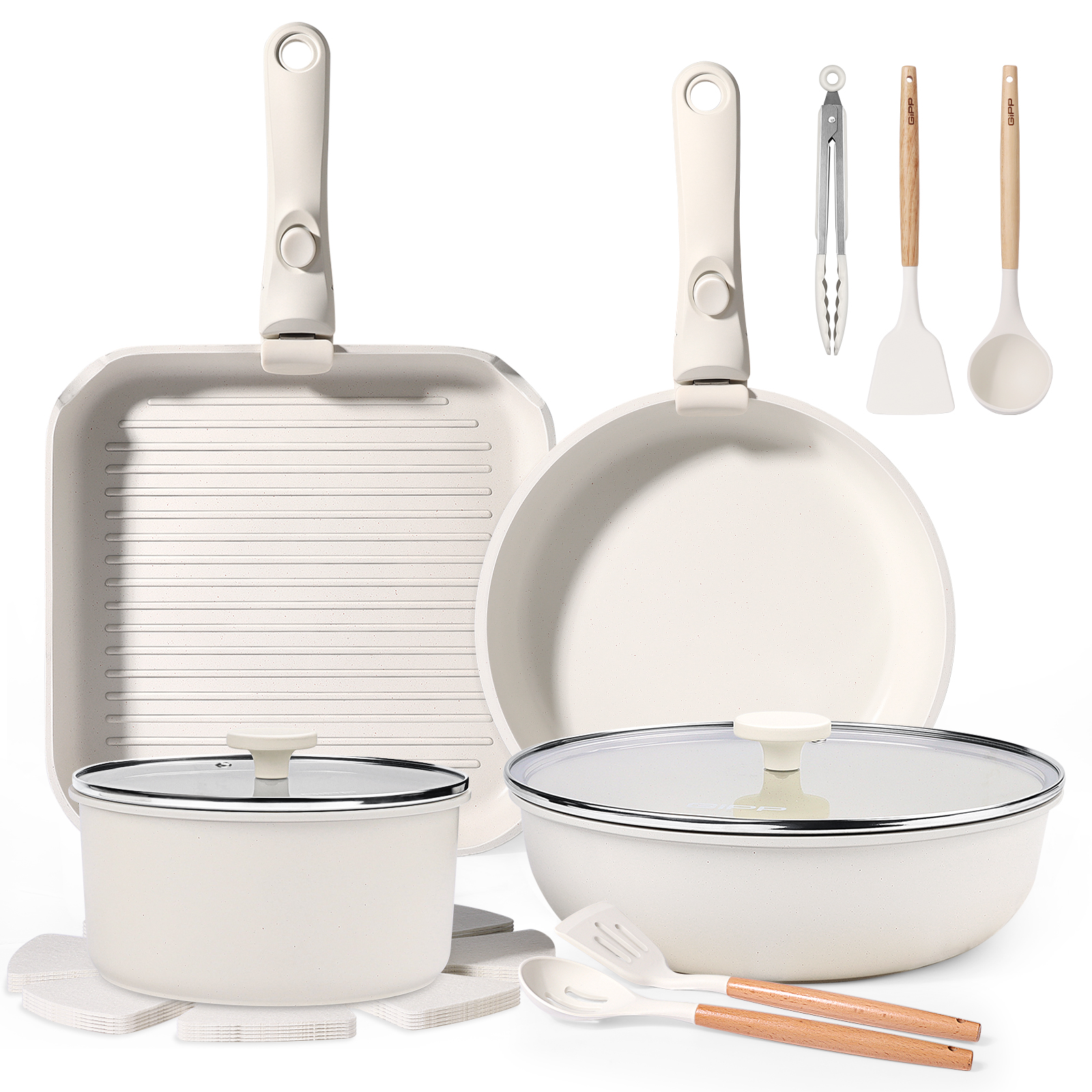 Gipp 18pcs kitchen cookware sets, Non Stick Pots and Pans Set with Removable Handle, Oven & Dishwasher Safe,Induction Cookware