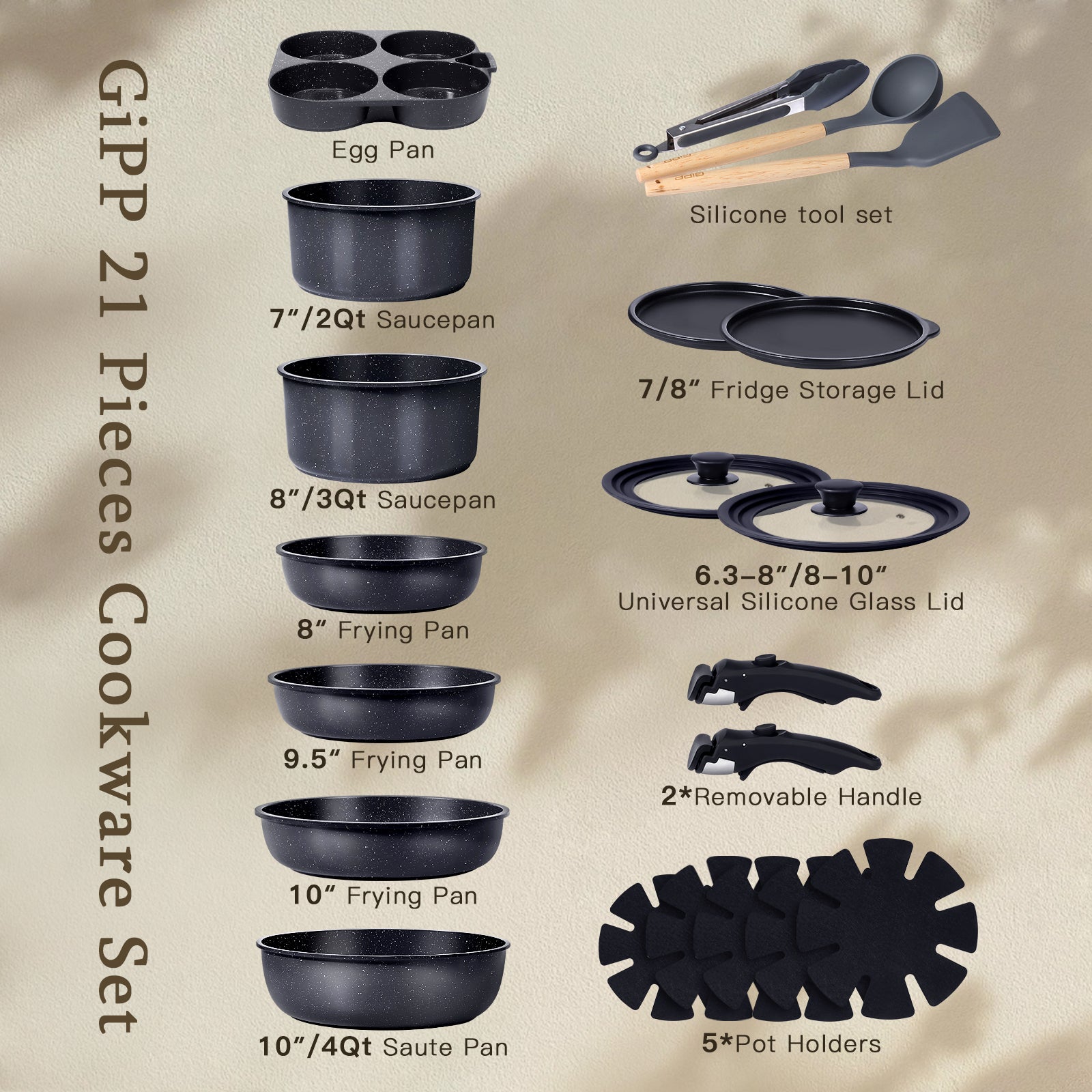 GIPP 21 Piece Ceramic Pots and Pans Set Non Stick, Cookware Set with Detachable Handles, Safe for Ovens and Dishwashers,Induction Cookers RV Kitchen-GiPP