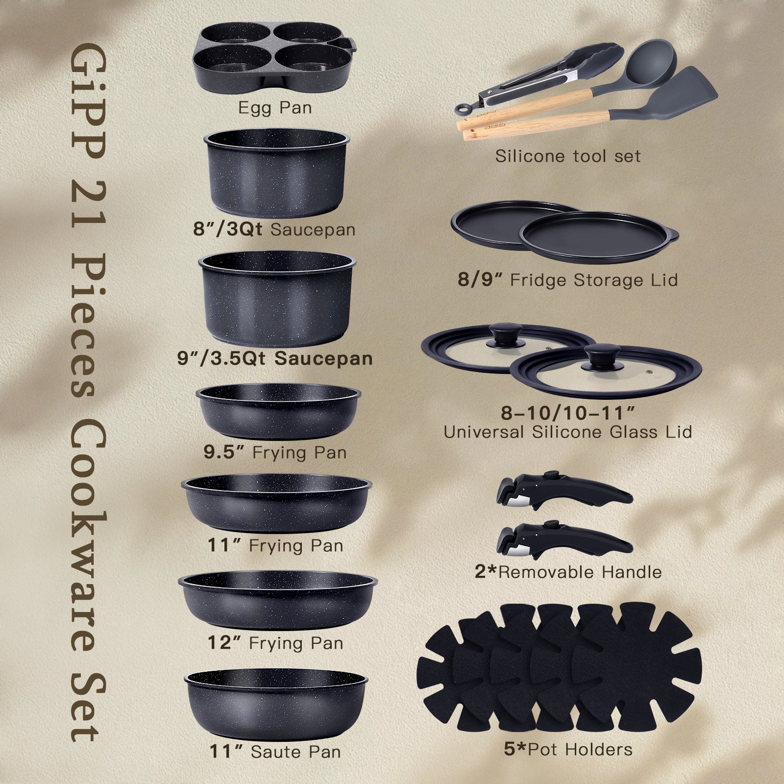 GIPP Large Size 21 Piece Pots and Pans Set Non Stick,with 12 inch Frying Pan,Cookware Set with Detachable Handles, Safe for Ovens and Dishwashers,Induction Cookers RV Kitchen-GiPP
