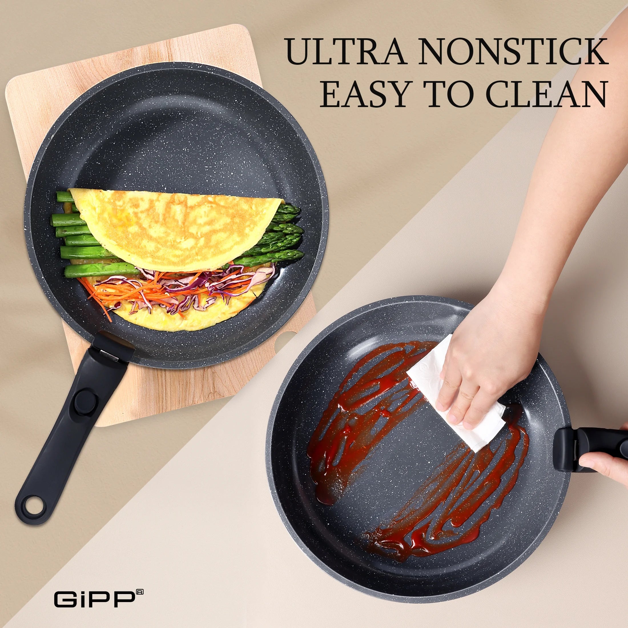 GIPP 3pcs Ceramic Non Stick Frying Pans Set,Skillet Non Stick With Removable Handle Oven & Dishwasher Safe,Induction Cookware-GiPP