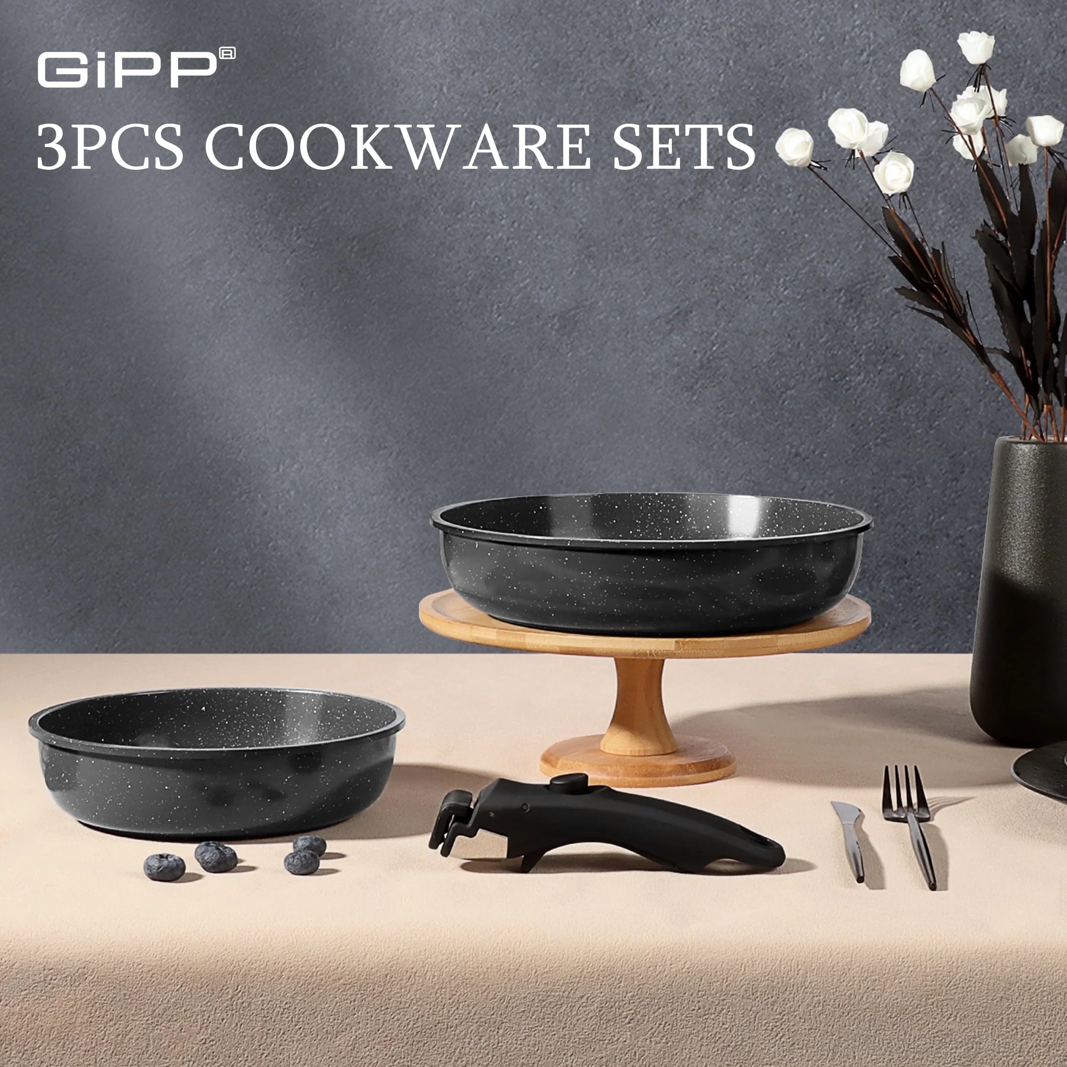 GIPP 3pcs Ceramic Non Stick Frying Pans Set,Skillet Non Stick With Removable Handle Oven & Dishwasher Safe,Induction Cookware-GiPP