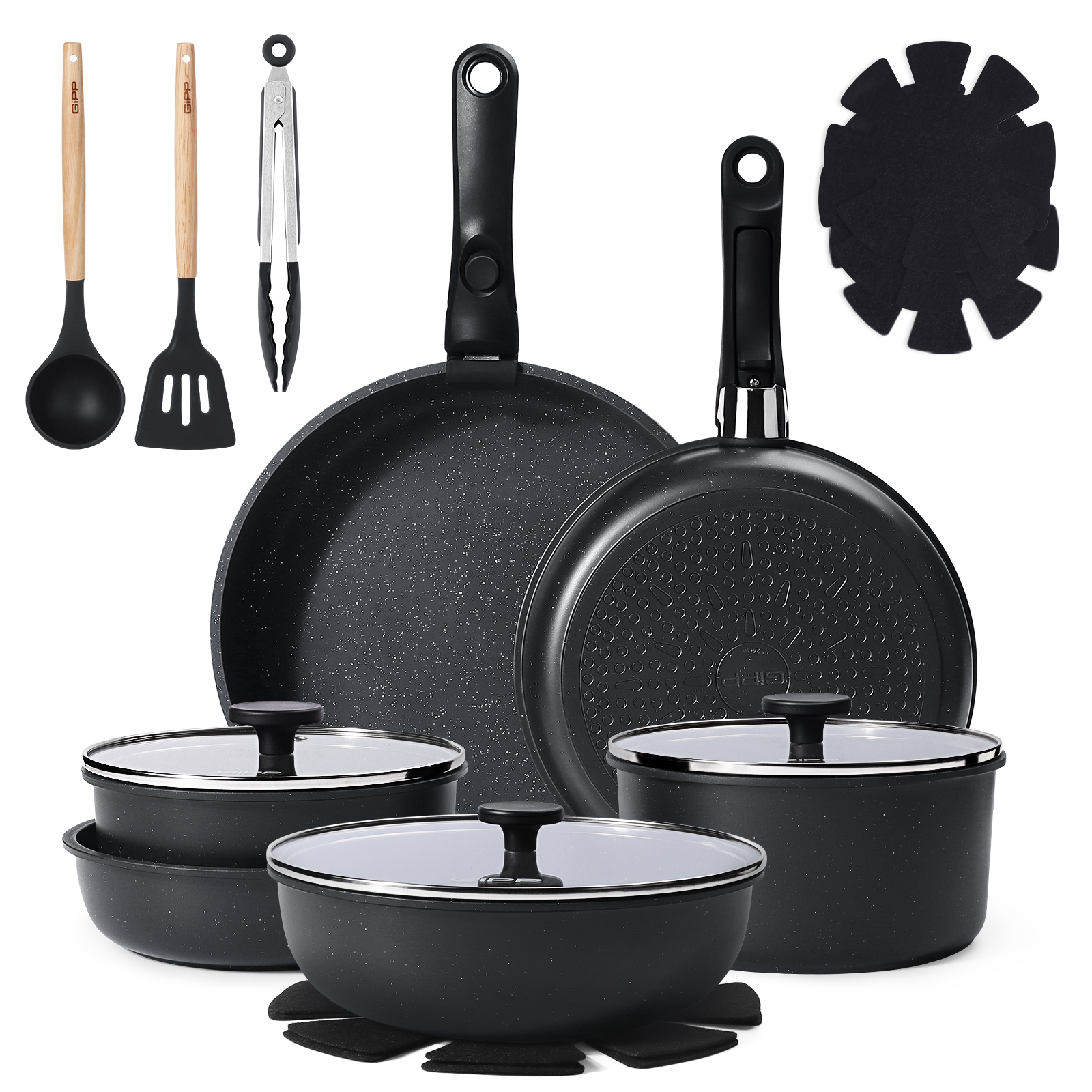 Gipp 18pcs kitchen cookware sets, Non Stick Pots and Pans Set with Removable Handle, Oven & Dishwasher Safe,Induction Cookware
