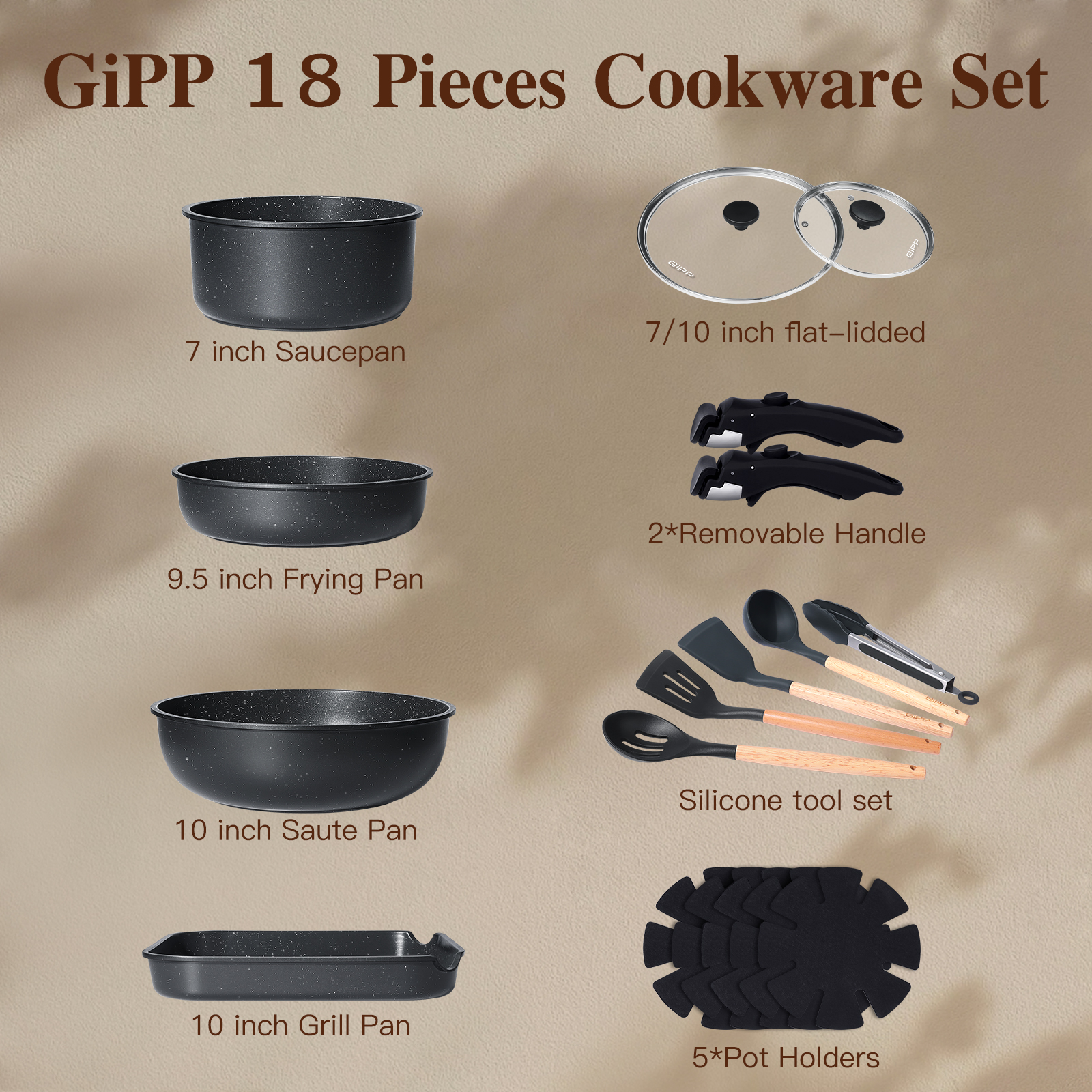 Gipp 18pcs kitchen cookware sets, Non Stick Pots and Pans Set with Removable Handle, Oven & Dishwasher Safe,Induction Cookware