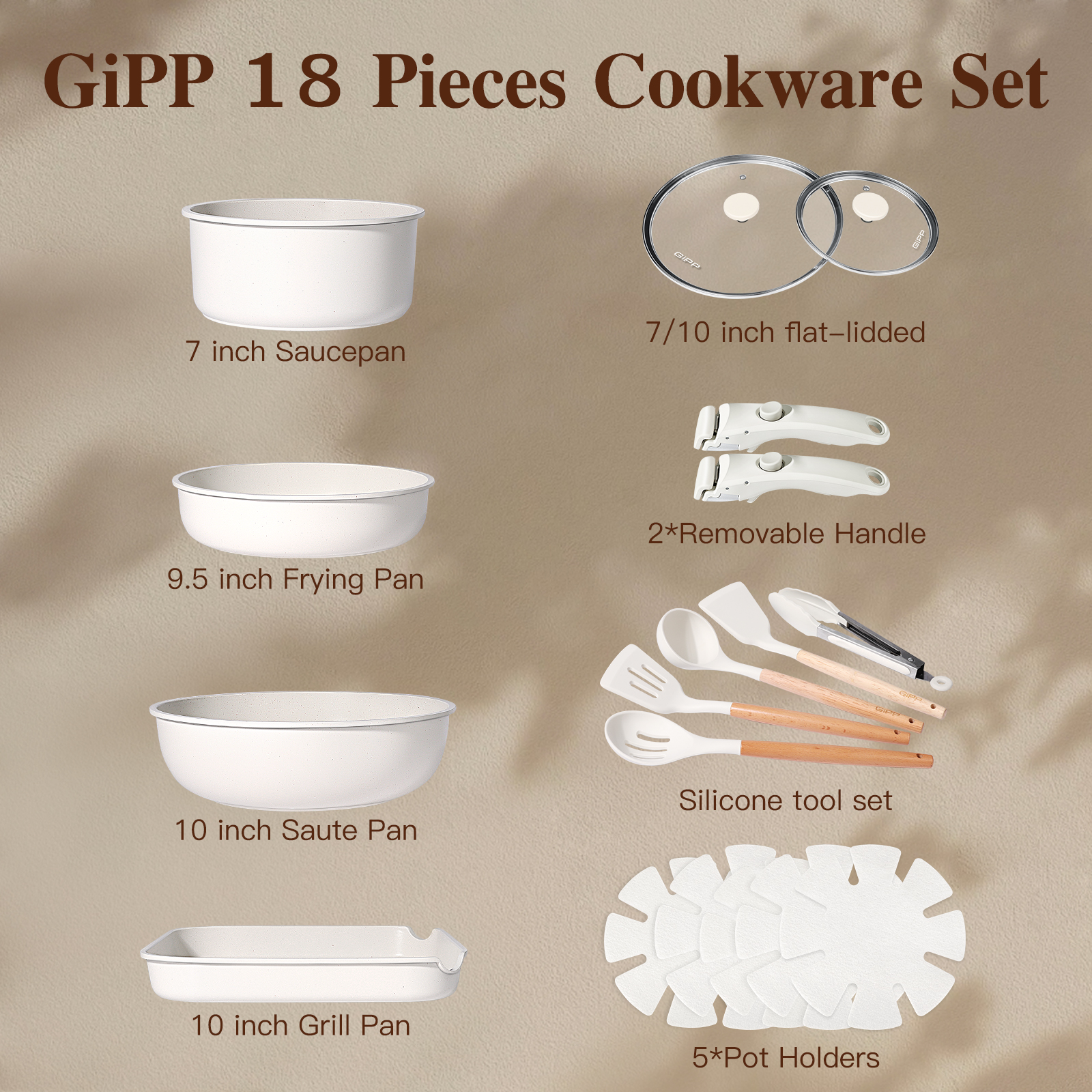 Gipp 18pcs kitchen cookware sets, Non Stick Pots and Pans Set with Removable Handle, Oven & Dishwasher Safe,Induction Cookware