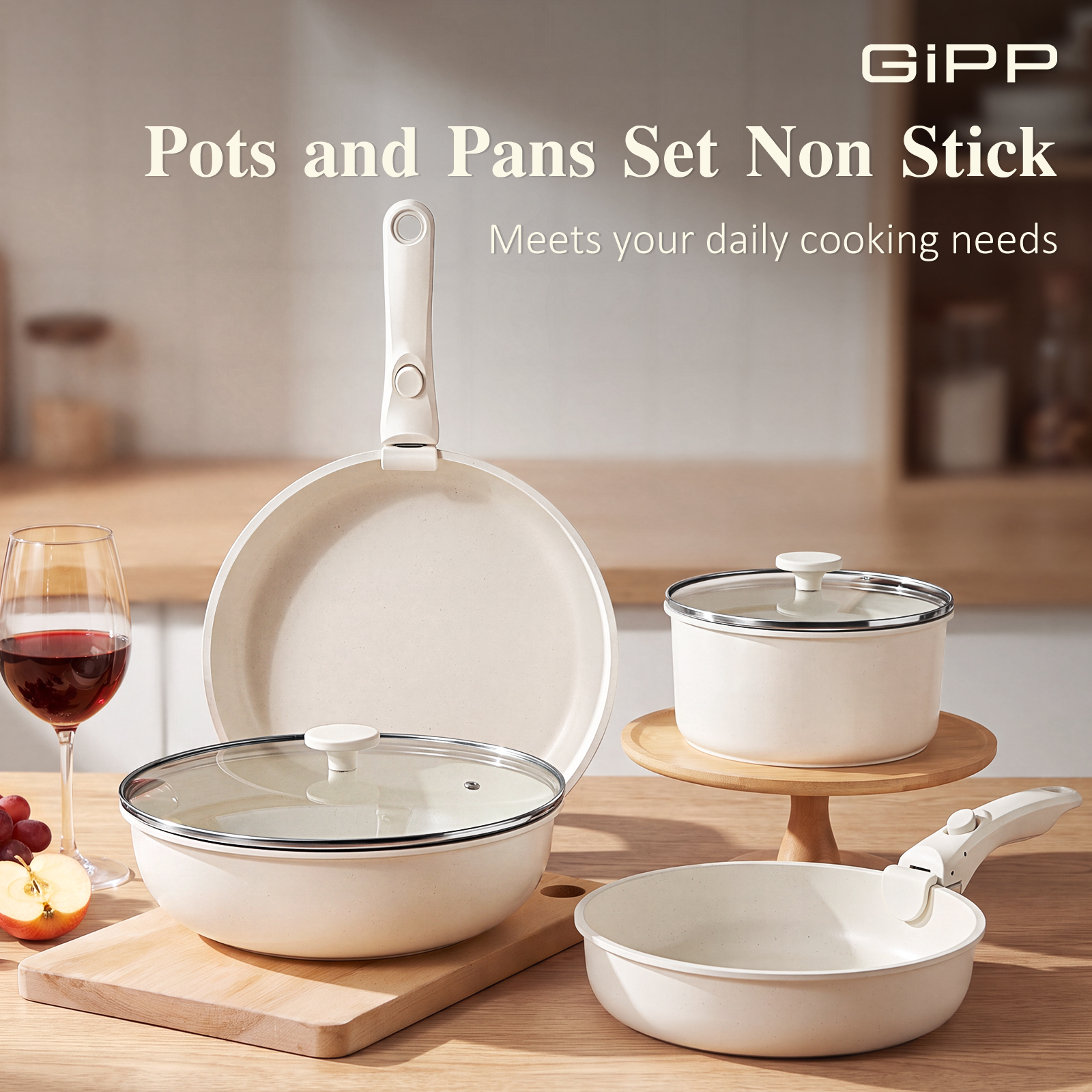 Gipp 18pcs kitchen cookware sets, Non Stick Pots and Pans Set with Removable Handle, Oven & Dishwasher Safe,Induction Cookware