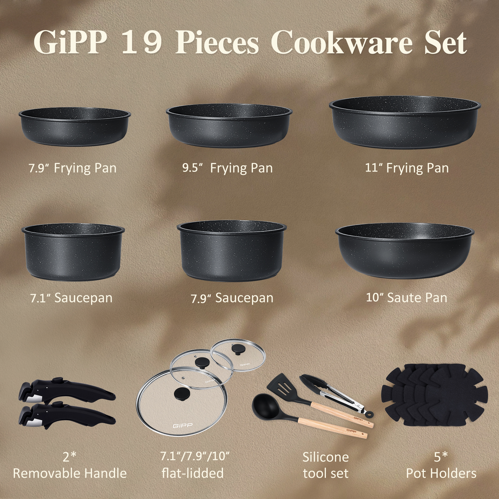 Gipp 18pcs kitchen cookware sets, Non Stick Pots and Pans Set with Removable Handle, Oven & Dishwasher Safe,Induction Cookware