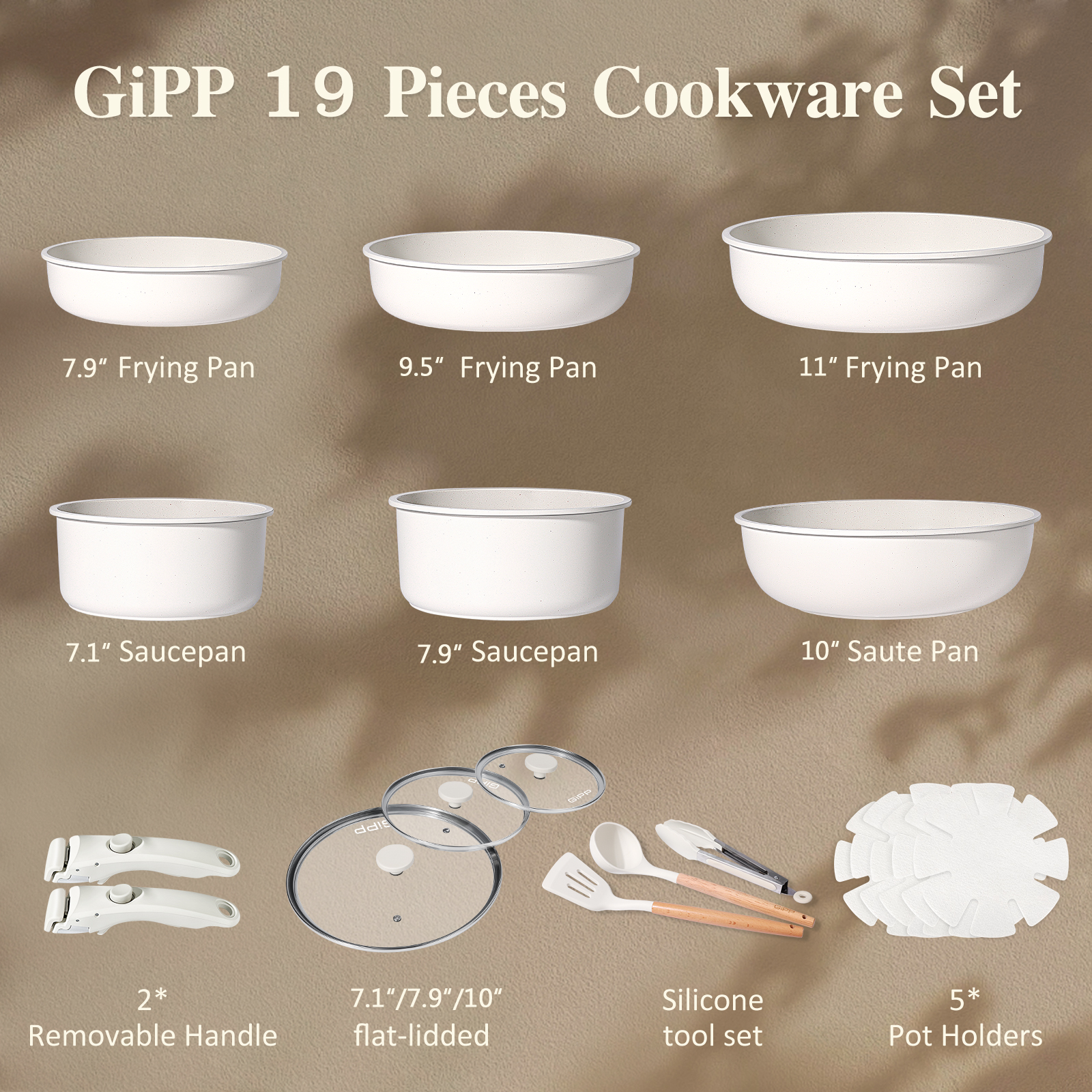 Gipp 18pcs kitchen cookware sets, Non Stick Pots and Pans Set with Removable Handle, Oven & Dishwasher Safe,Induction Cookware