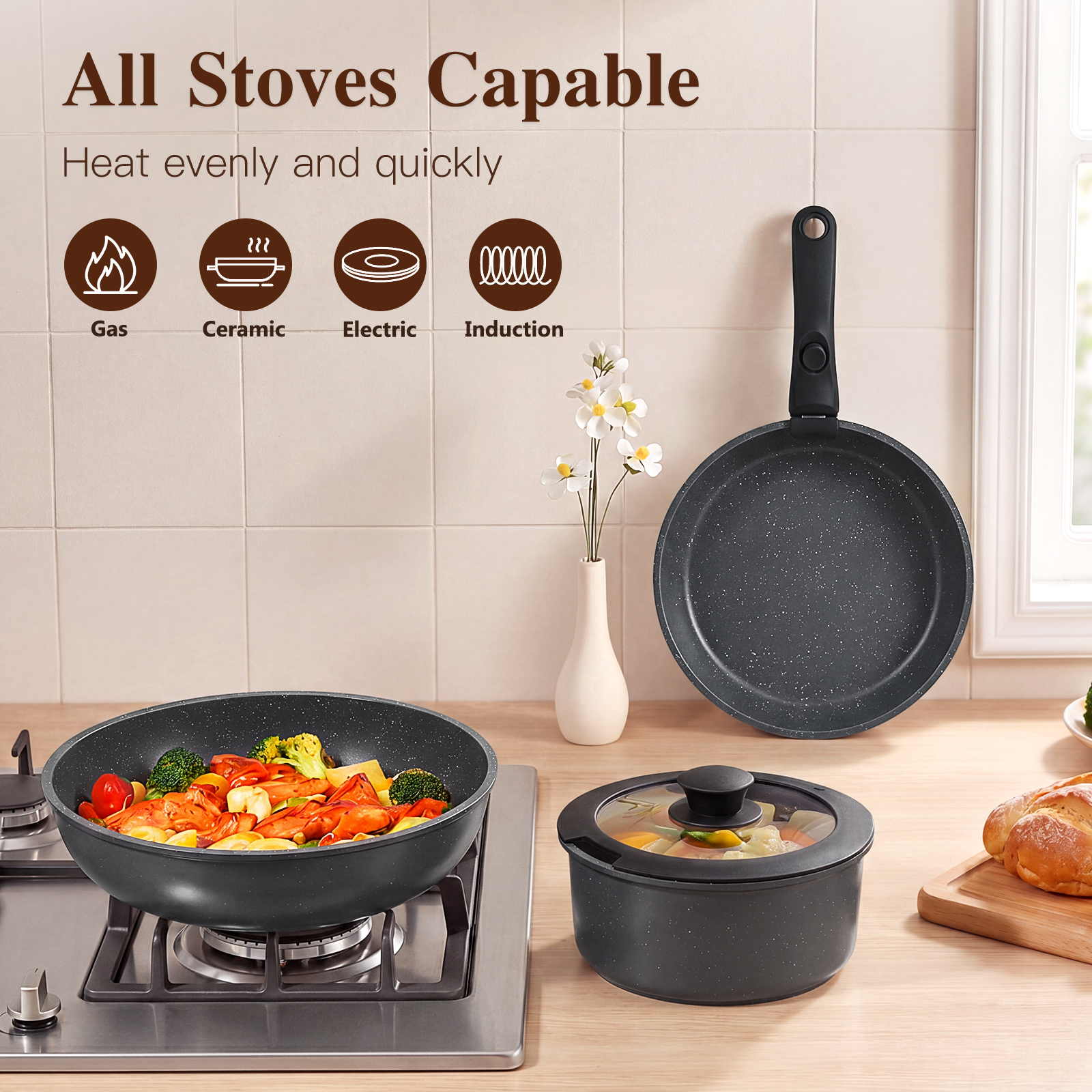 Gipp 18pcs kitchen cookware sets, Non Stick Pots and Pans Set with Removable Handle, Oven & Dishwasher Safe,Induction Cookware