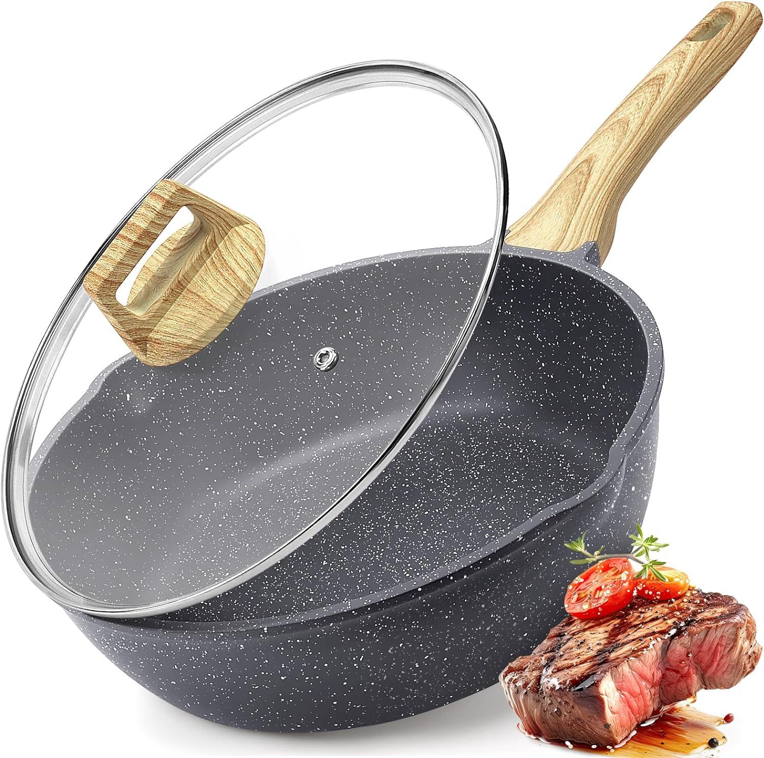 GiPP Nonstick Deep Frying Pan Skillet, 9.5" Saute Pan with Lid, Granite Induction Cookware Non Stick Cooking Pan, PFOA PFOS APEO Free, White - GiPP Kitchenware