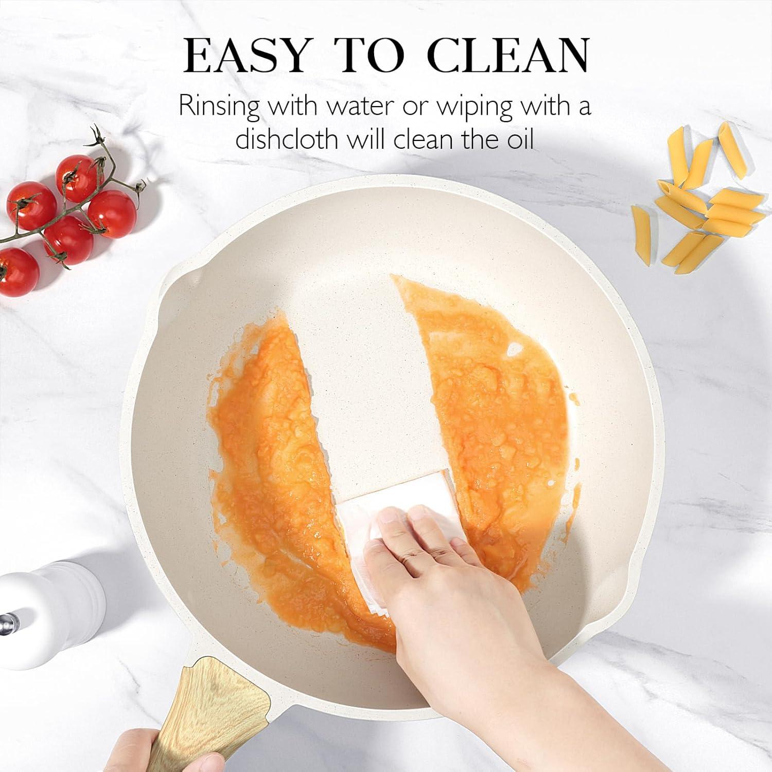 GiPP Nonstick Deep Frying Pan Skillet, 9.5" Saute Pan with Lid, Granite Induction Cookware Non Stick Cooking Pan, PFOA PFOS APEO Free, White - GiPP Kitchenware