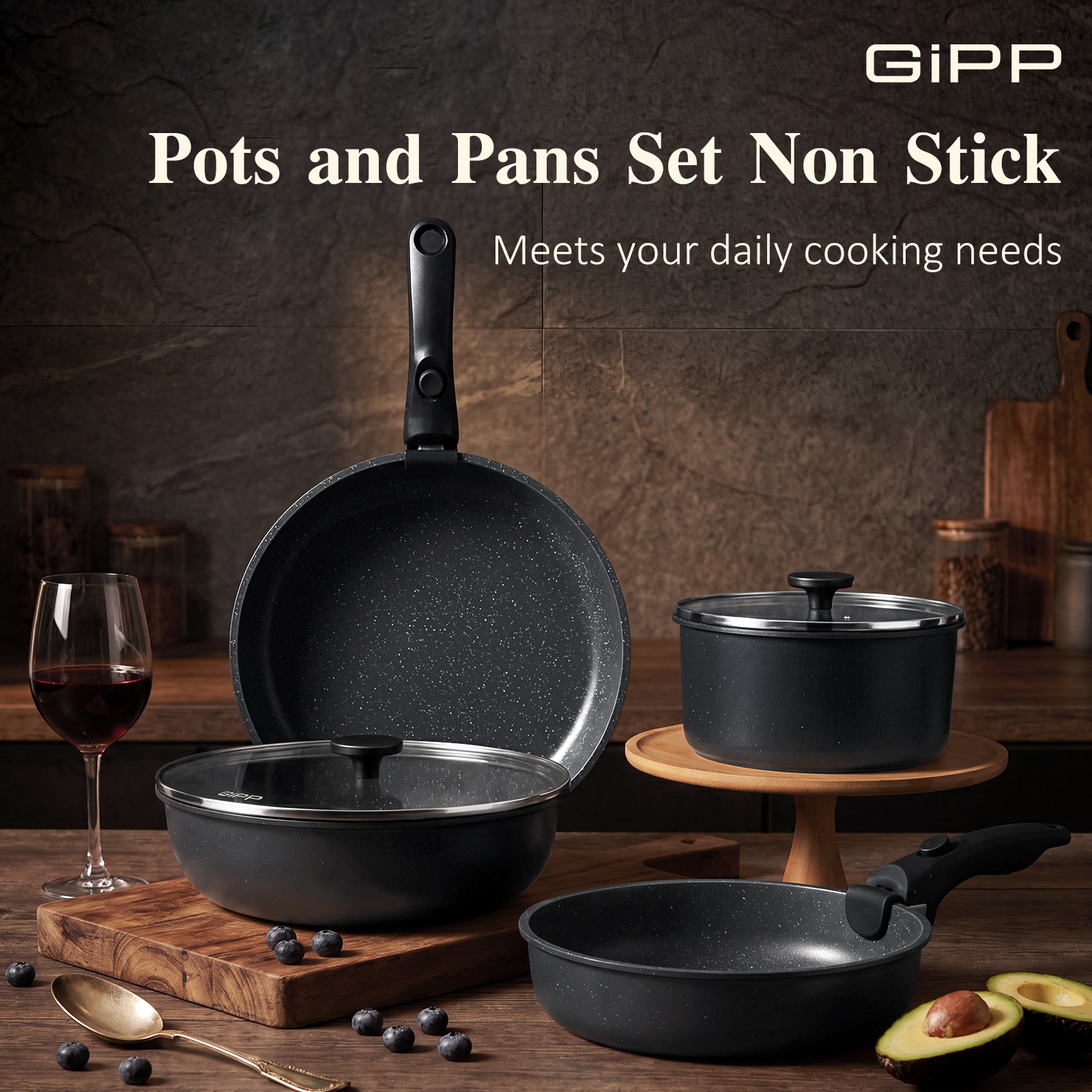 Gipp 18pcs kitchen cookware sets, Non Stick Pots and Pans Set with Removable Handle, Oven & Dishwasher Safe,Induction Cookware
