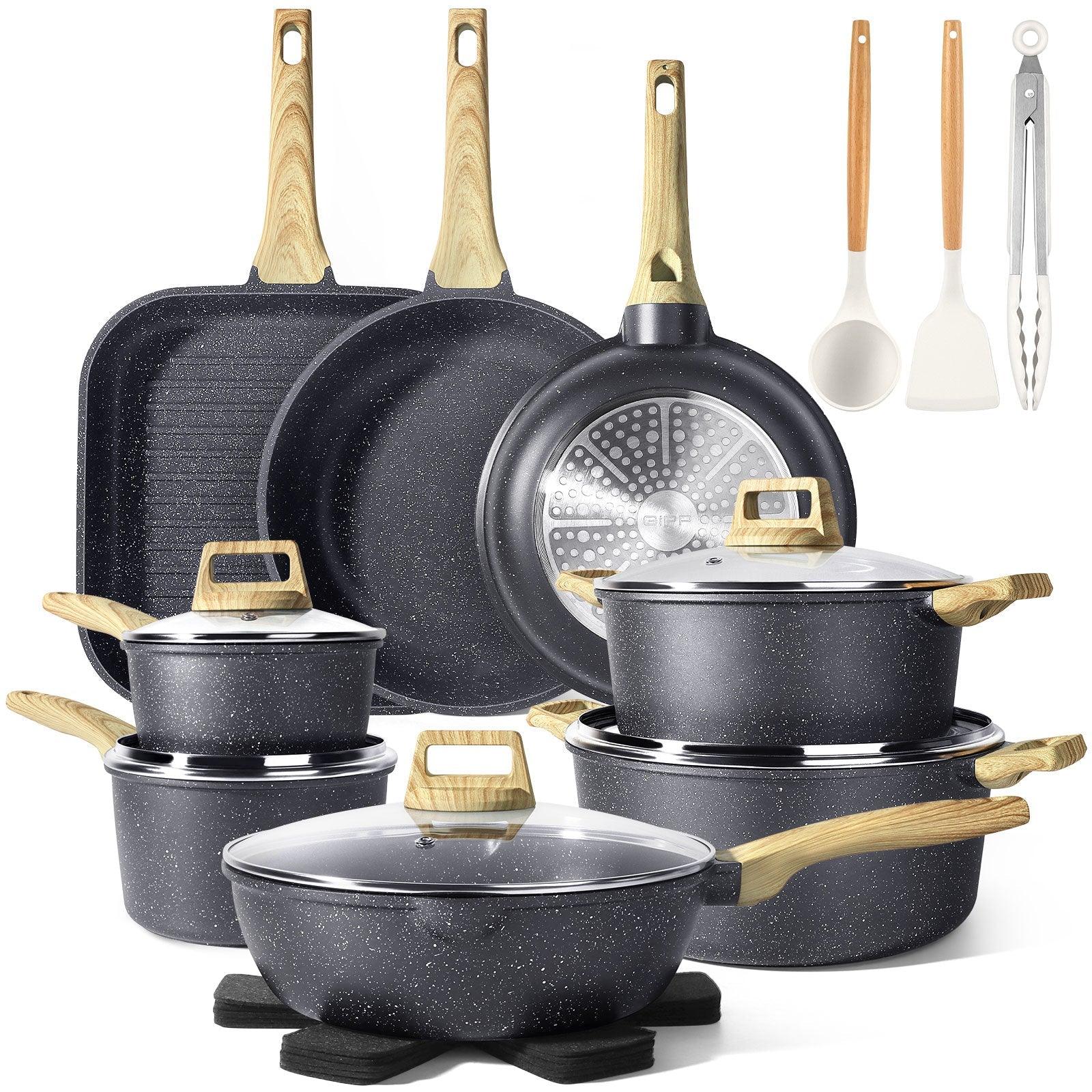GiPP 21Psc Pots and Pans Set Non Stick - Grey Granite Kitchen Cookware Sets Nonstick Induction Cookware Non-toxic Cooking Pan Set with Silicone Utensils, PFOS and PFOA Free - GiPP Kitchenware