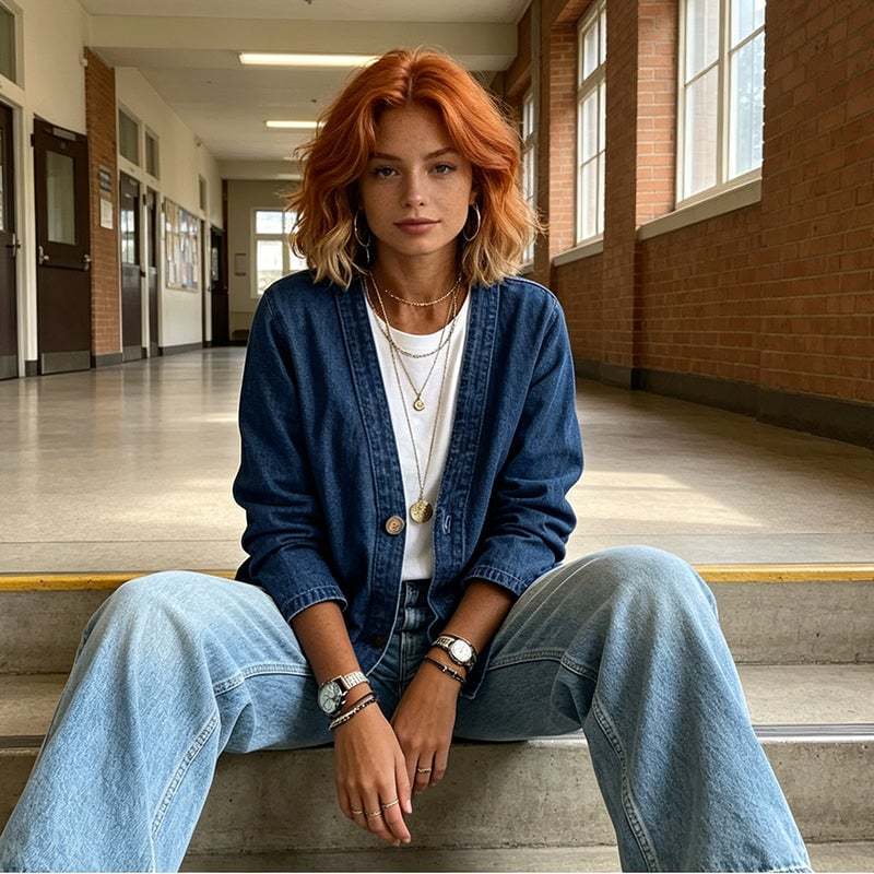 Women's Classic Button Front Denim Jacket – V-Neck, Breathable Fabric & Relaxed Fit