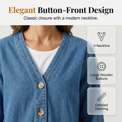 Women's Classic Button Front Denim Jacket – V-Neck, Breathable Fabric & Relaxed Fit