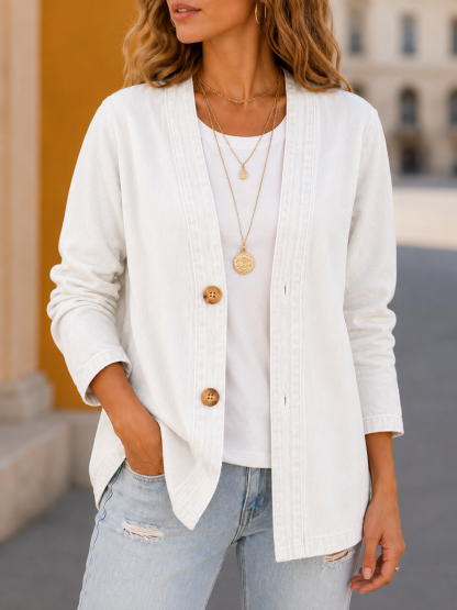 Women's Classic Button Front Denim Jacket – V-Neck, Breathable Fabric & Relaxed Fit