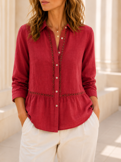 Women's Casual Patchwork Openwork Webbing Linen Shirt