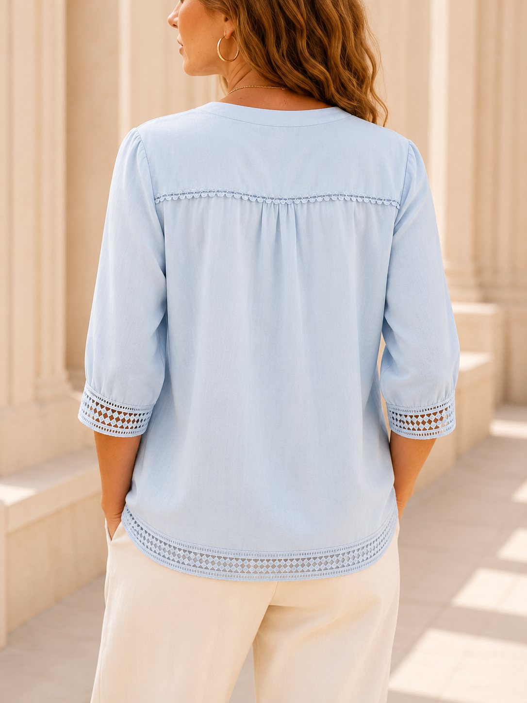 Women's Casual Three-quarter Sleeve V-neck Lace Cotton Linen Cardigan Shirt