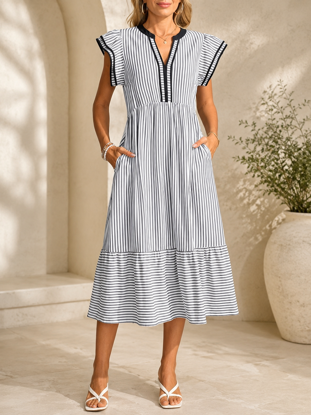 Women’s Ruffle Sleeve V-Neck Button-Front Maxi Dress