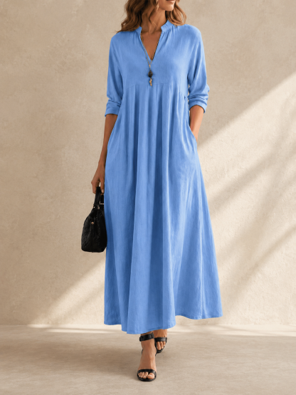 Women’s Split V-Neck Long Sleeve Flowy Maxi Dress with Pockets