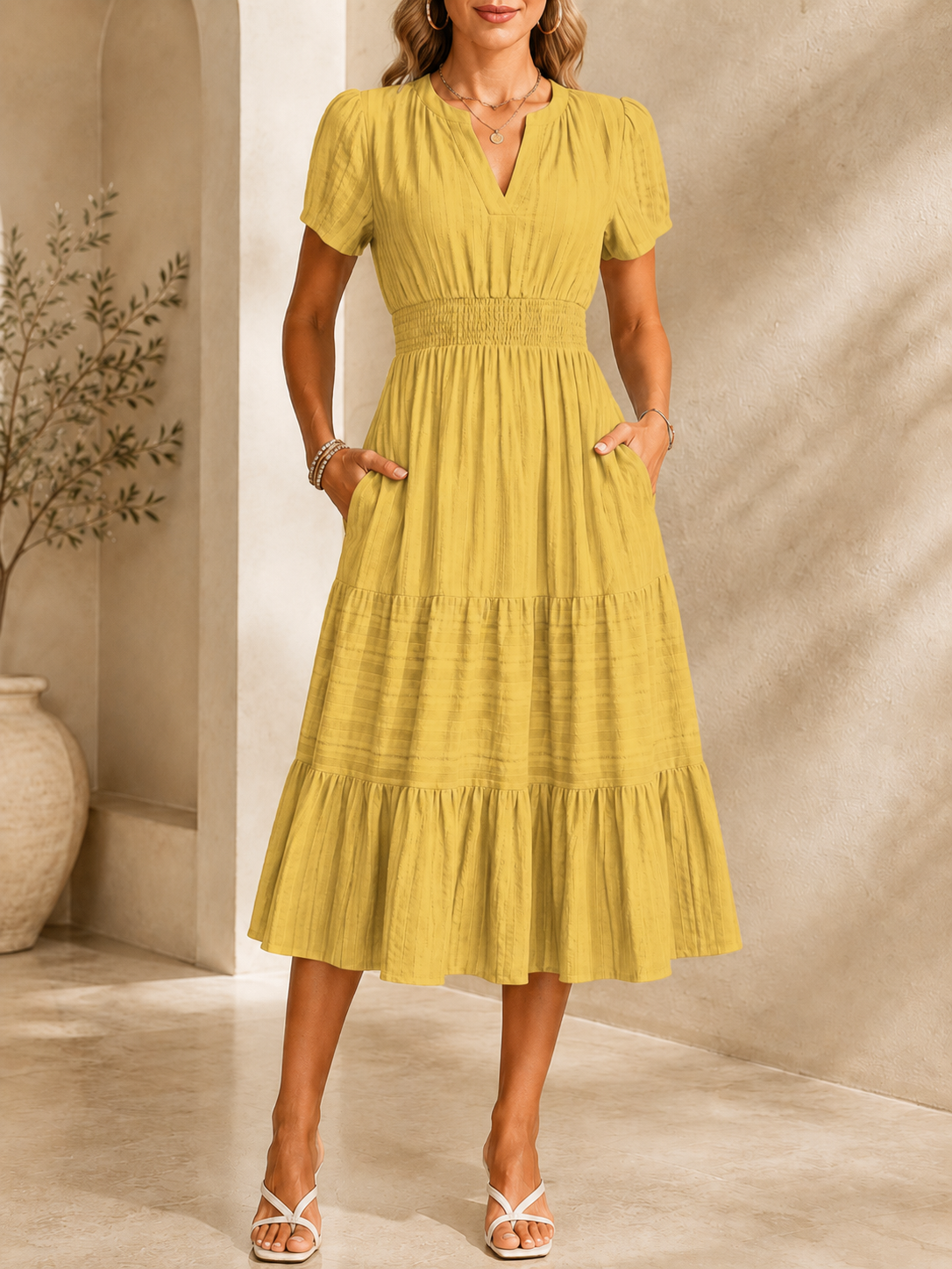 [Copy]Women’s Split V-Neck Long Sleeve Flowy Maxi Dress with Pockets