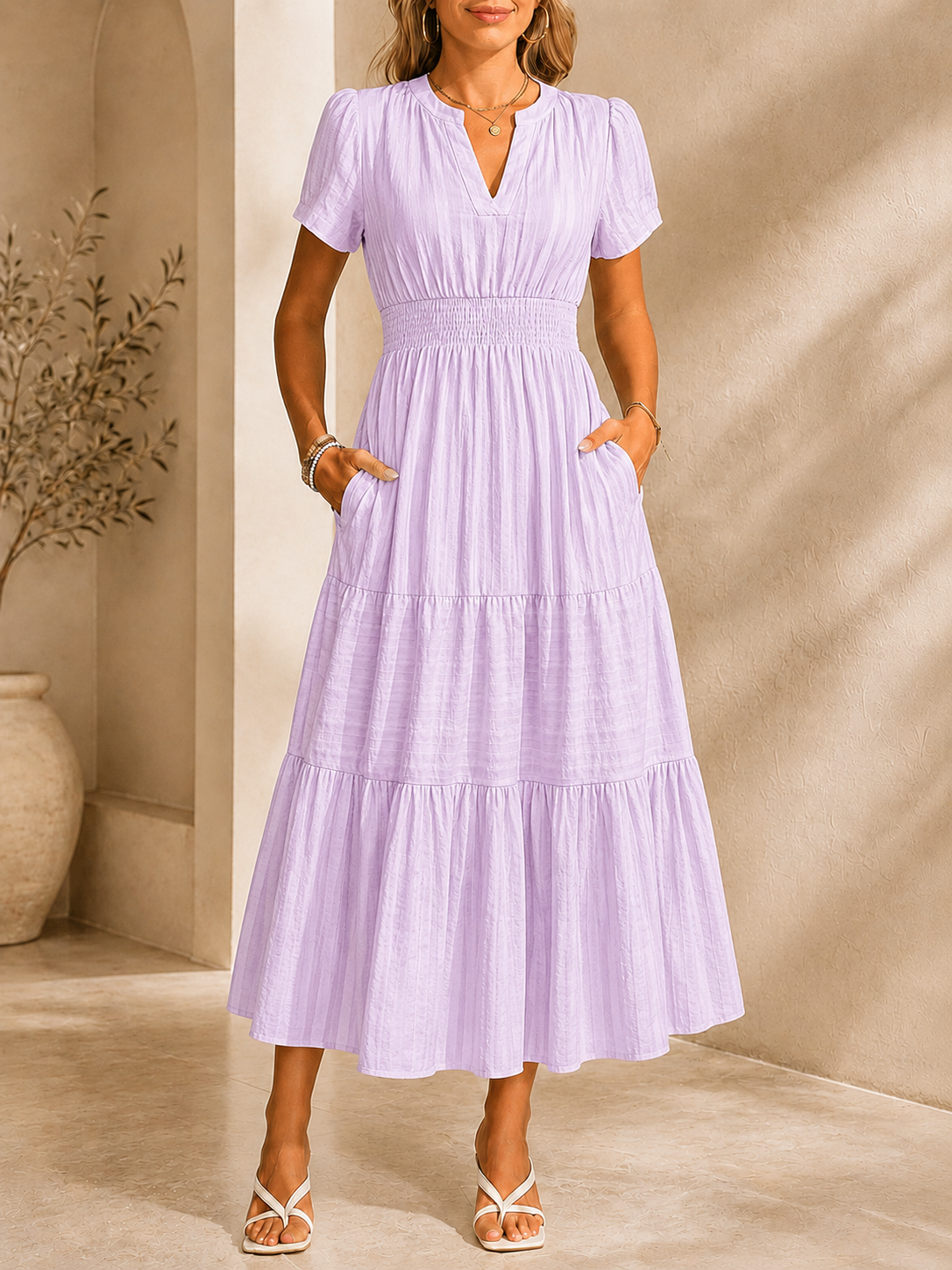 [Copy]Women’s Split V-Neck Long Sleeve Flowy Maxi Dress with Pockets